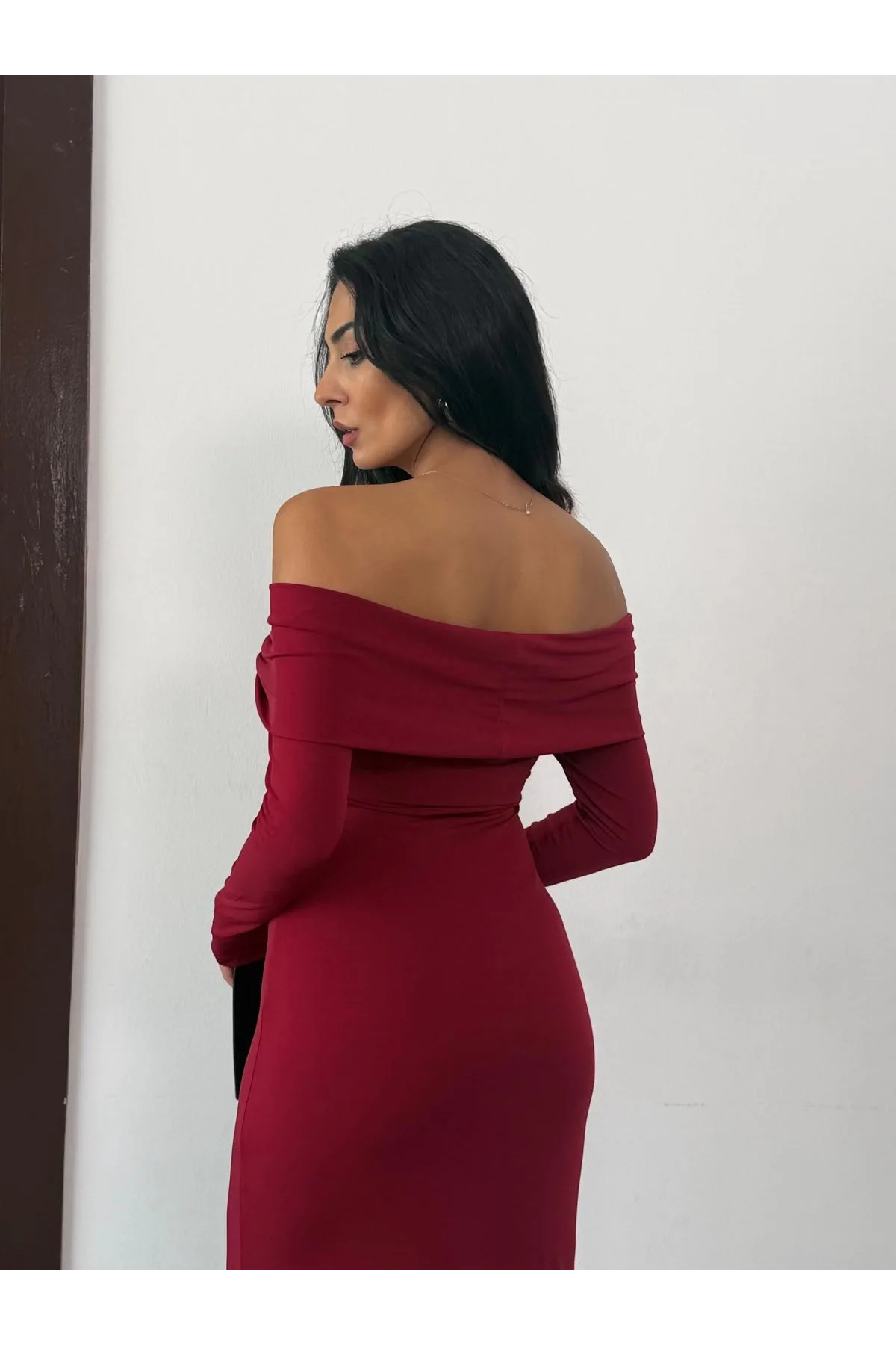 Kadın Bordo Madonna Yaka Düğümlü Uzun Kollu Midi Boy Elbise