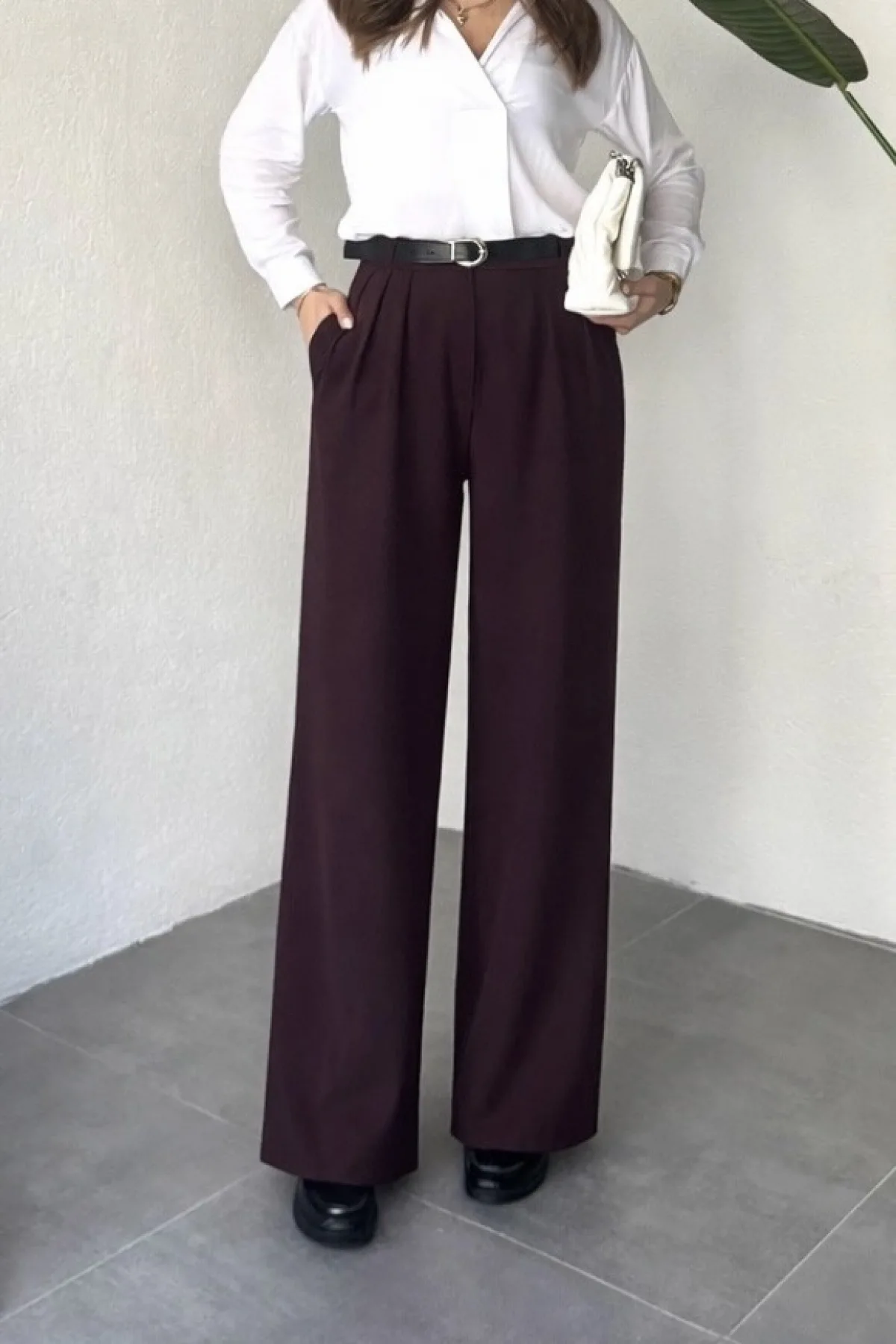 Kadın Bordo Pileli Yüksek Bel Bol Paça Ekstra Bol Palazzo Kumaş Pantolon