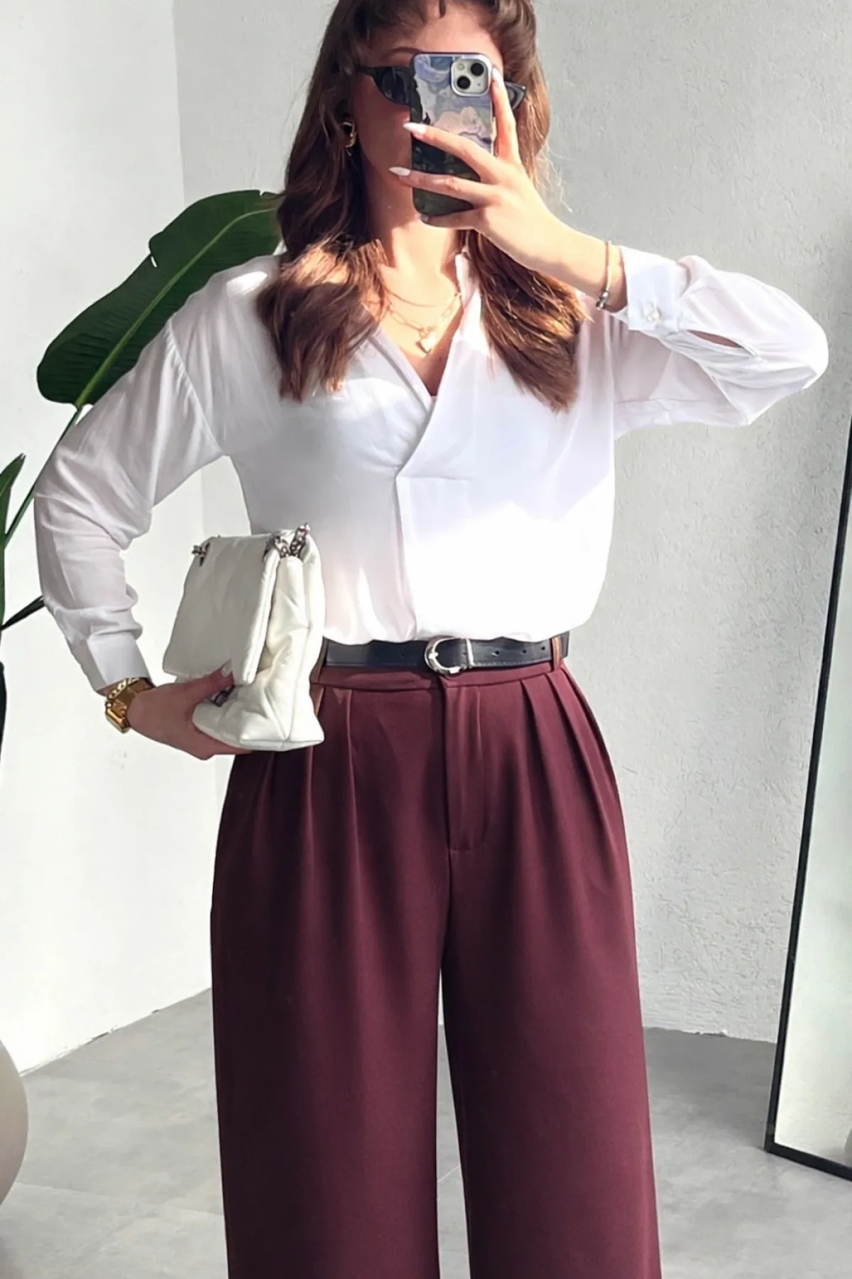 Kadın Bordo Pileli Yüksek Bel Bol Paça Ekstra Bol Palazzo Kumaş Pantolon