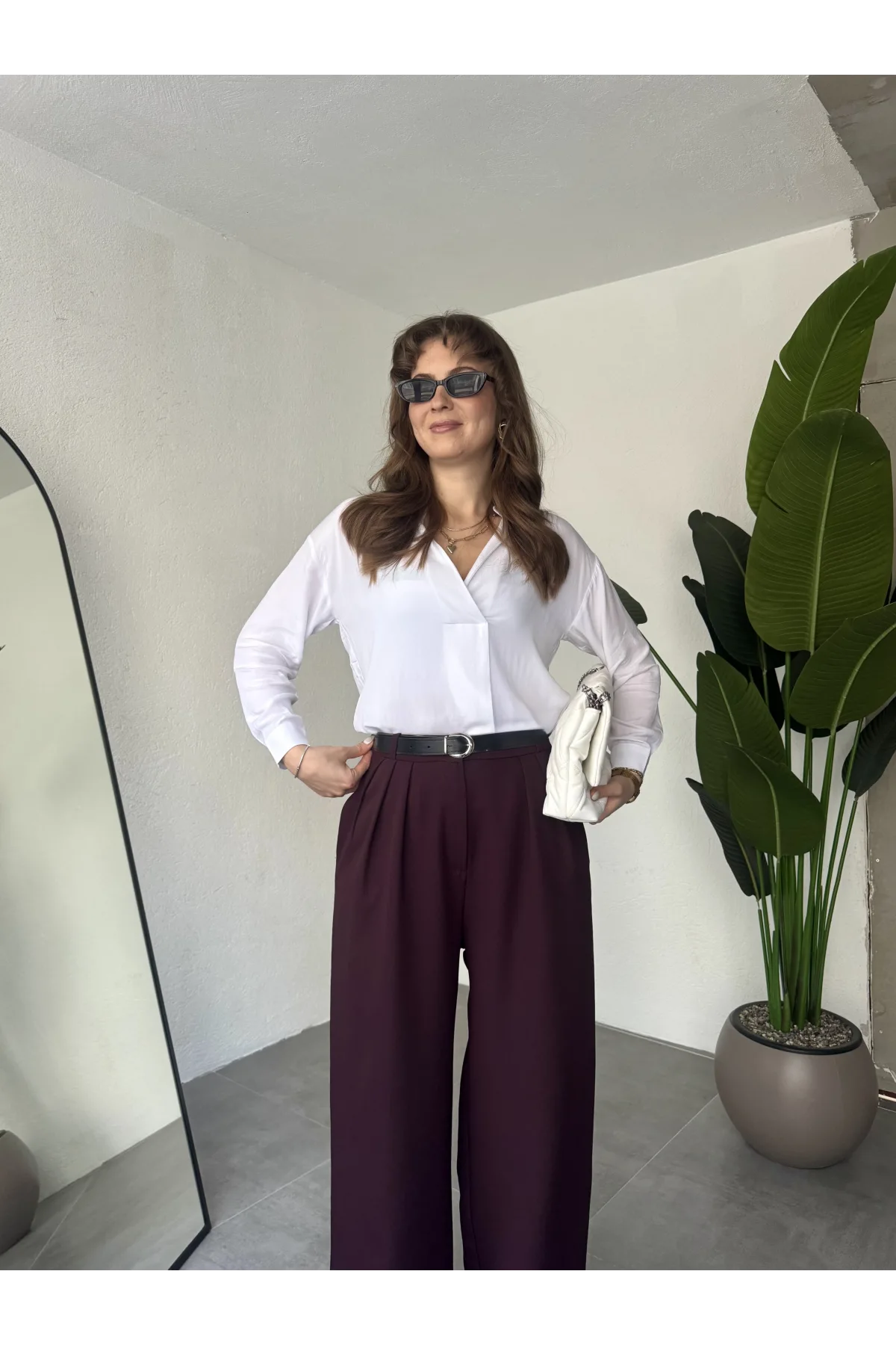 Kadın Bordo Pileli Yüksek Bel Bol Paça Ekstra Bol Palazzo Kumaş Pantolon