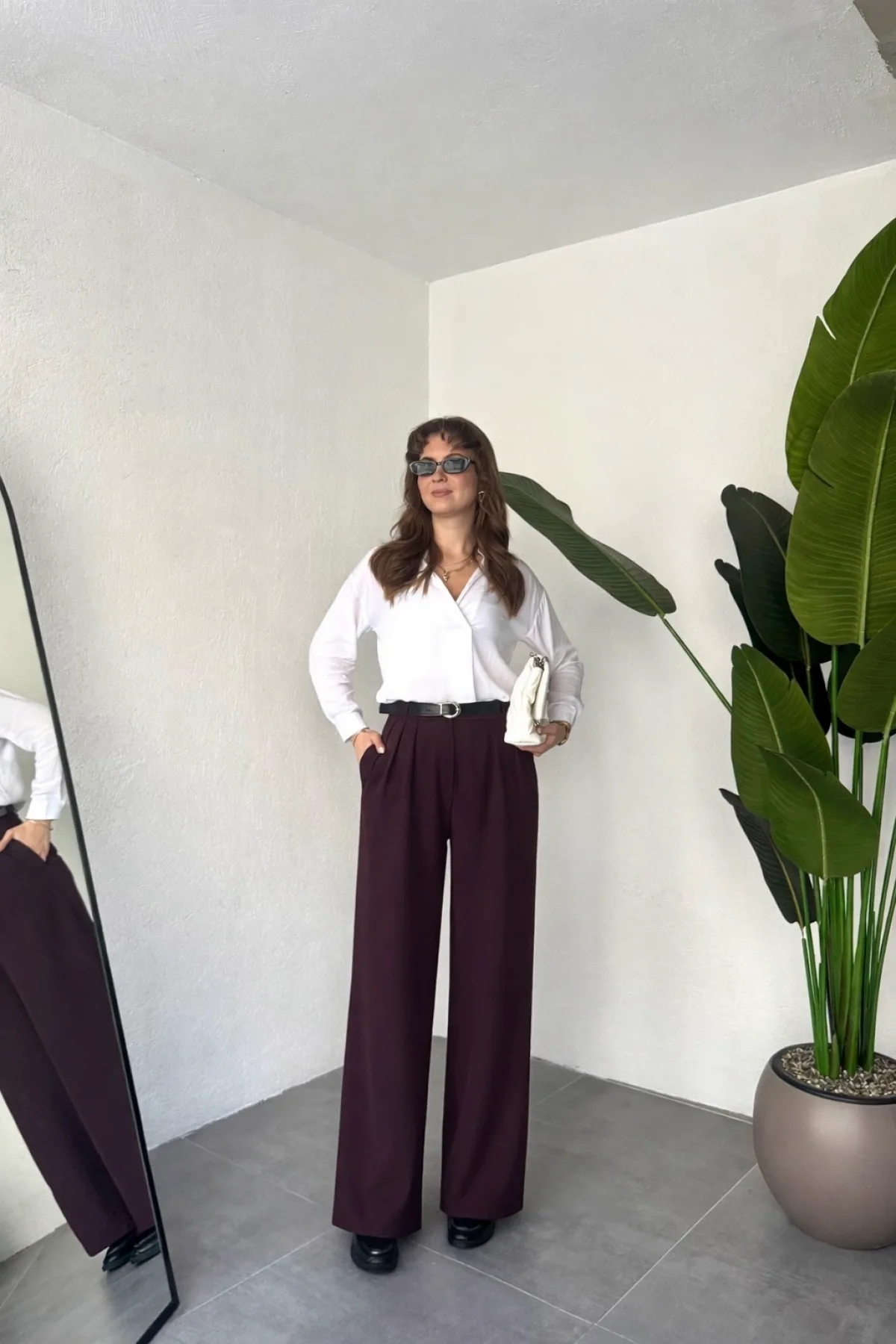 Kadın Bordo Pileli Yüksek Bel Bol Paça Ekstra Bol Palazzo Kumaş Pantolon