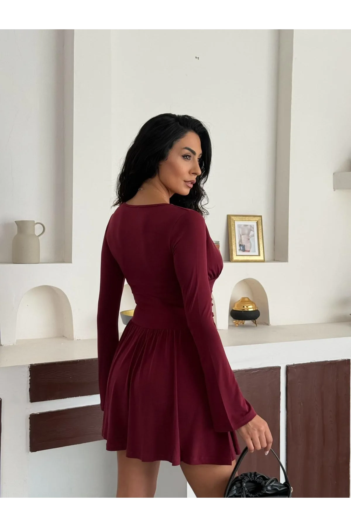 Kadın Bordo Şortlu V Yaka Uzun Kollu Elbise