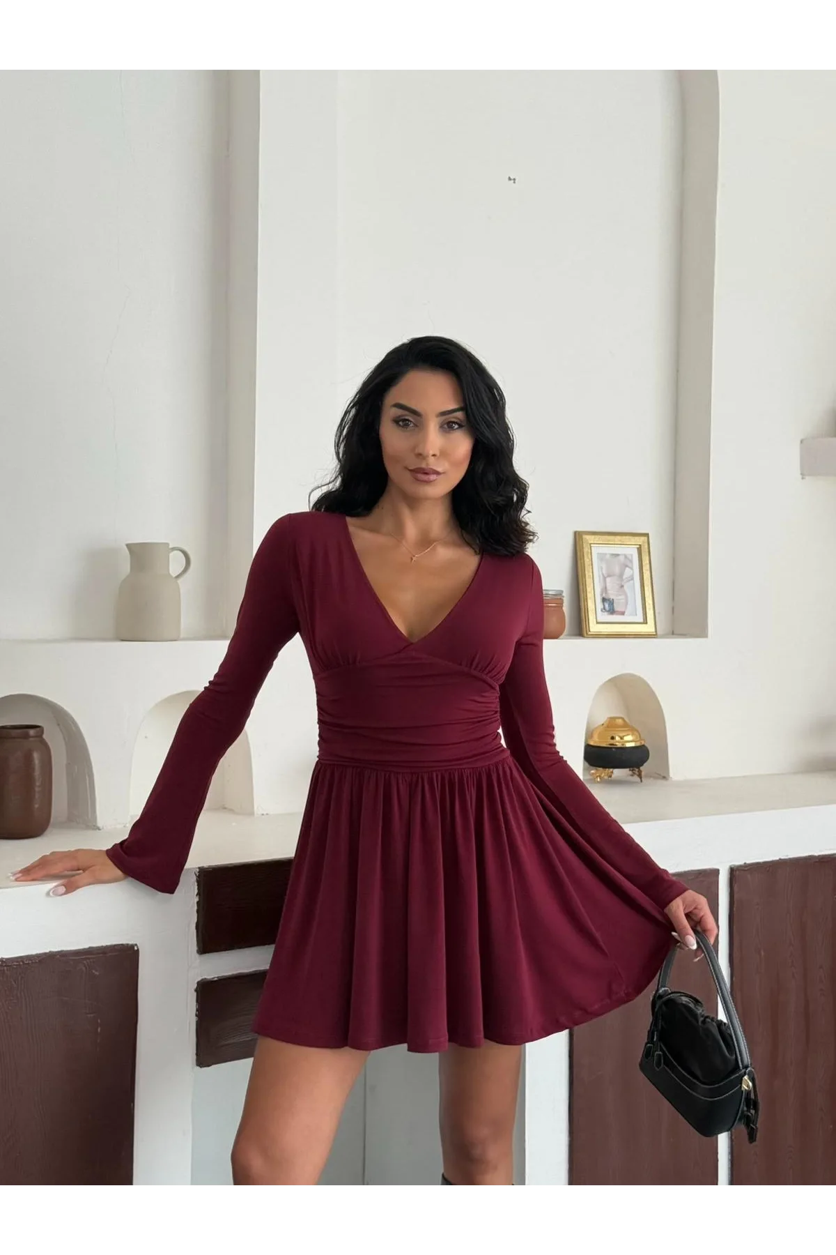 Kadın Bordo Şortlu V Yaka Uzun Kollu Elbise