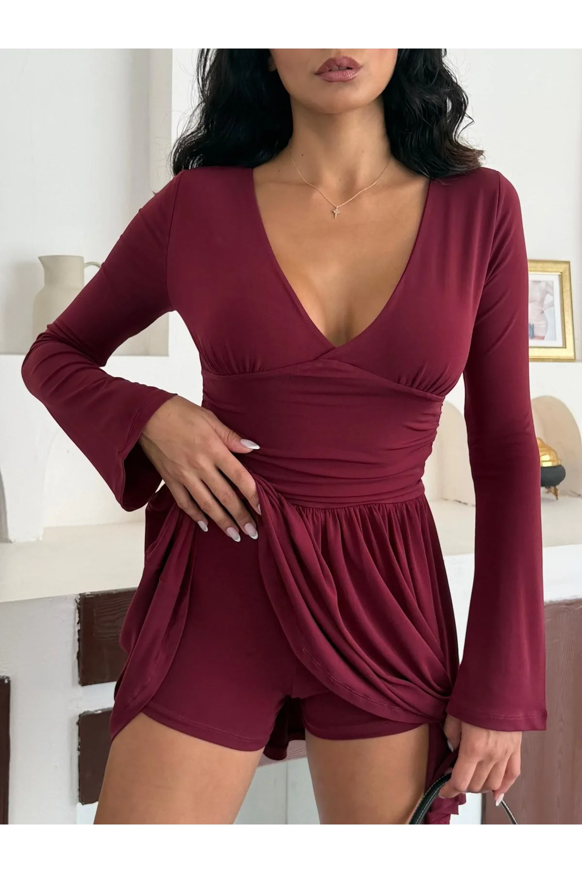 Kadın Bordo Şortlu V Yaka Uzun Kollu Elbise