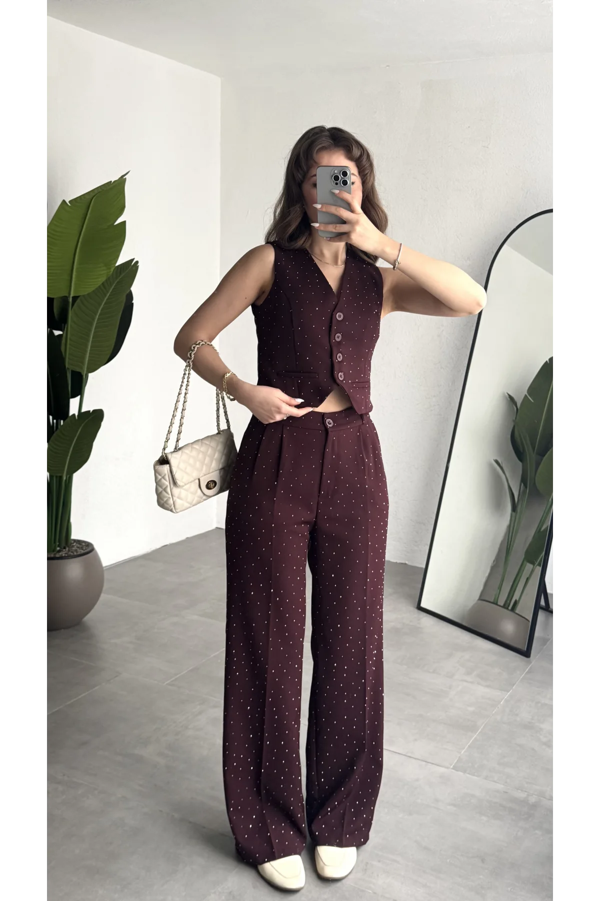 Kadın Bordo Taşlı Pırıltılı Yüksek Bel Bol Paça Pileli Palazzo Pantolon