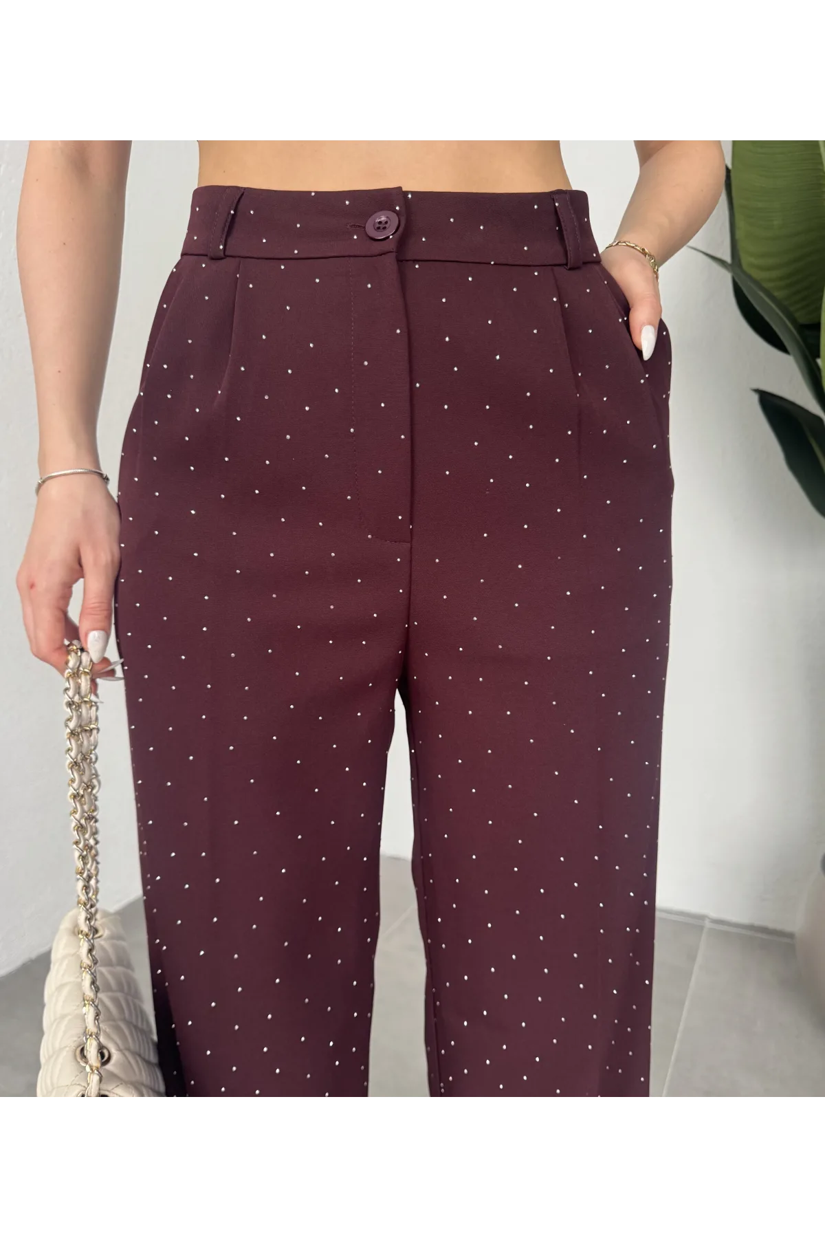 Kadın Bordo Taşlı Pırıltılı Yüksek Bel Bol Paça Pileli Palazzo Pantolon