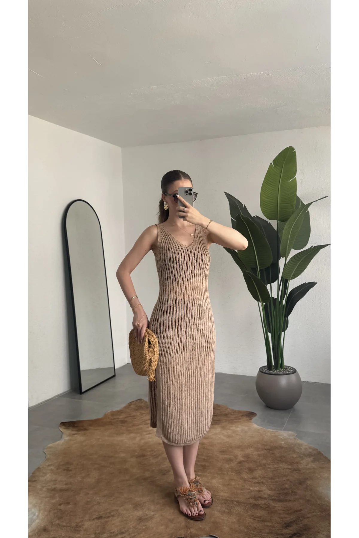Kadın Vizon File Örgü Triko Plaj Elbisesi Yırtmaç Detaylı Uzun Pareo Elbise Yazlık Beachwear