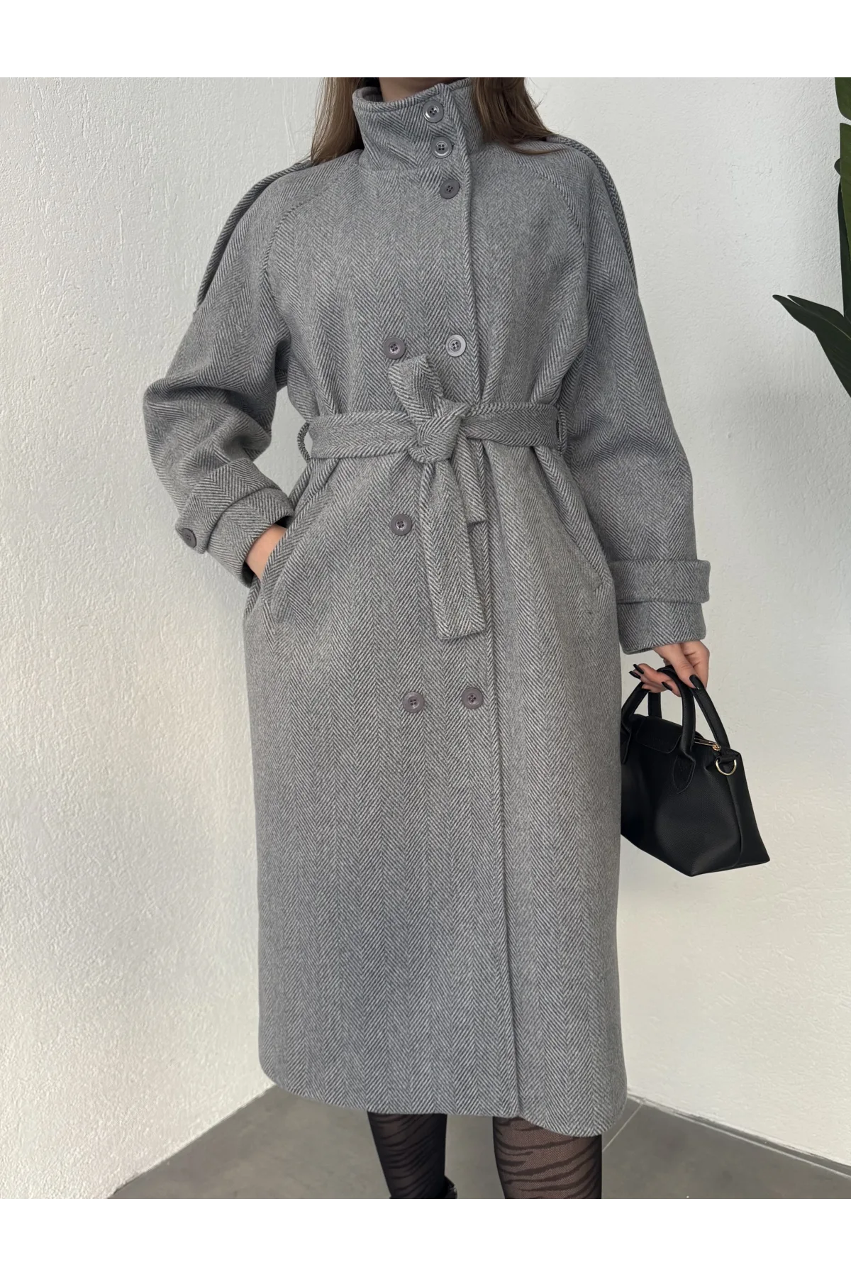 Kadın Gri Dik Yaka Kemerli Kaşe Kaban Uzun Kışlık