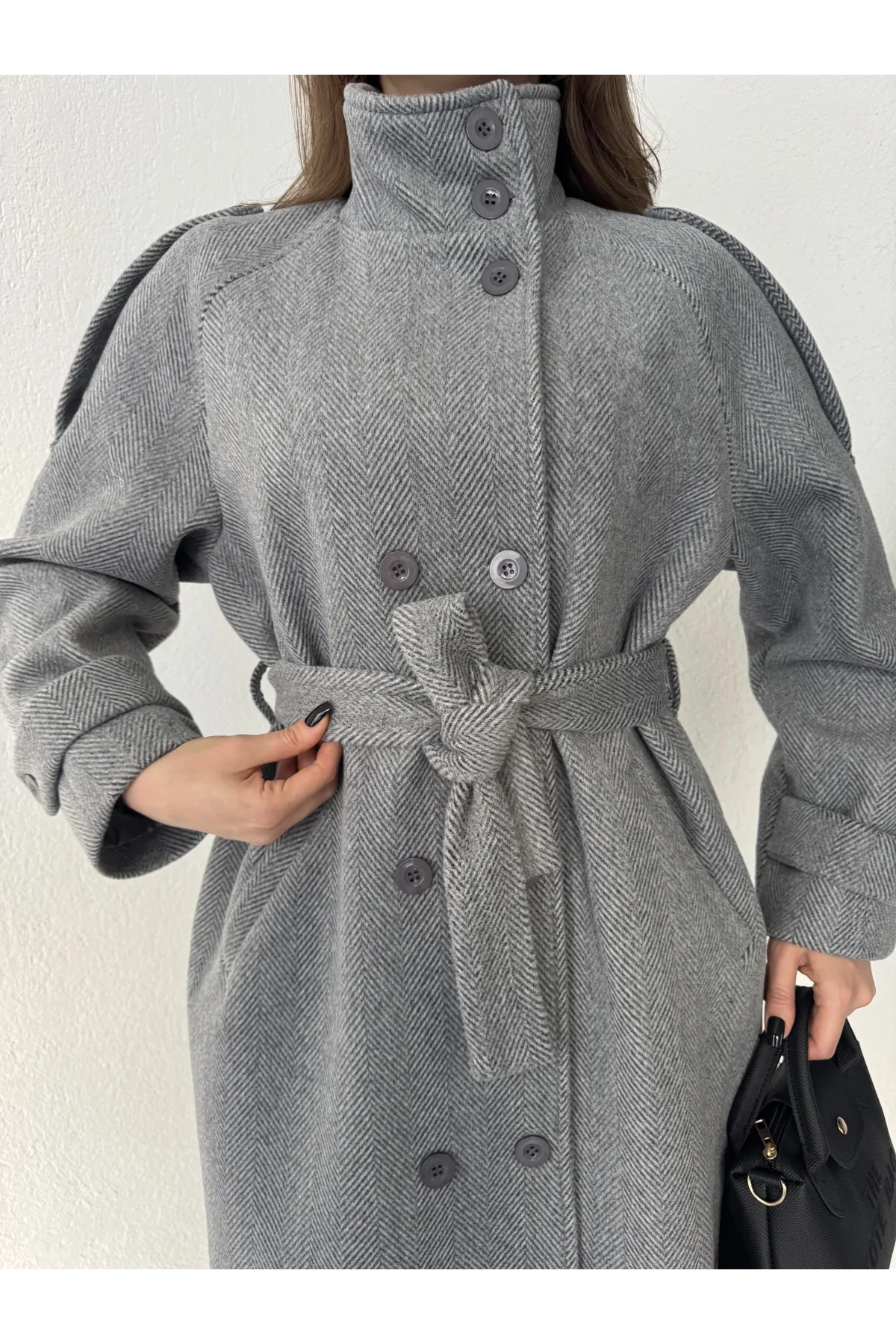 Kadın Gri Dik Yaka Kemerli Kaşe Kaban Uzun Kışlık
