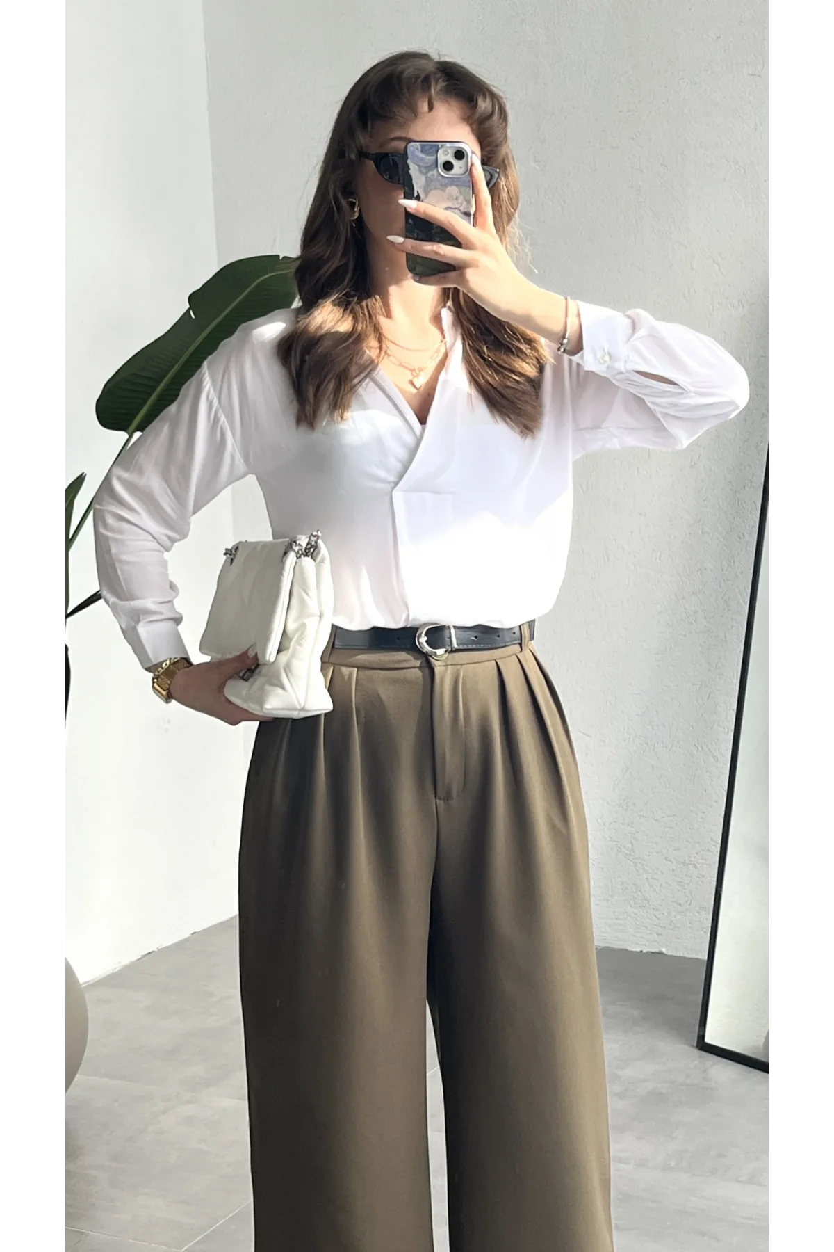 Kadın Haki Pileli Yüksek Bel Bol Paça Ekstra Bol Palazzo Kumaş Pantolon