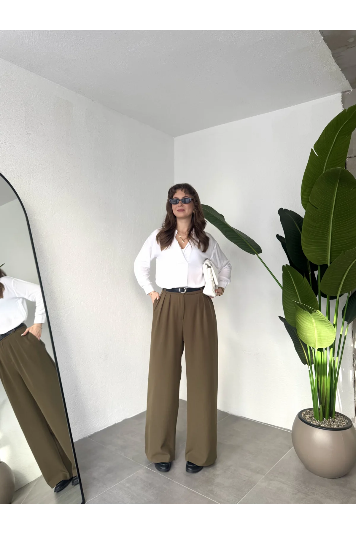 Kadın Haki Pileli Yüksek Bel Bol Paça Ekstra Bol Palazzo Kumaş Pantolon