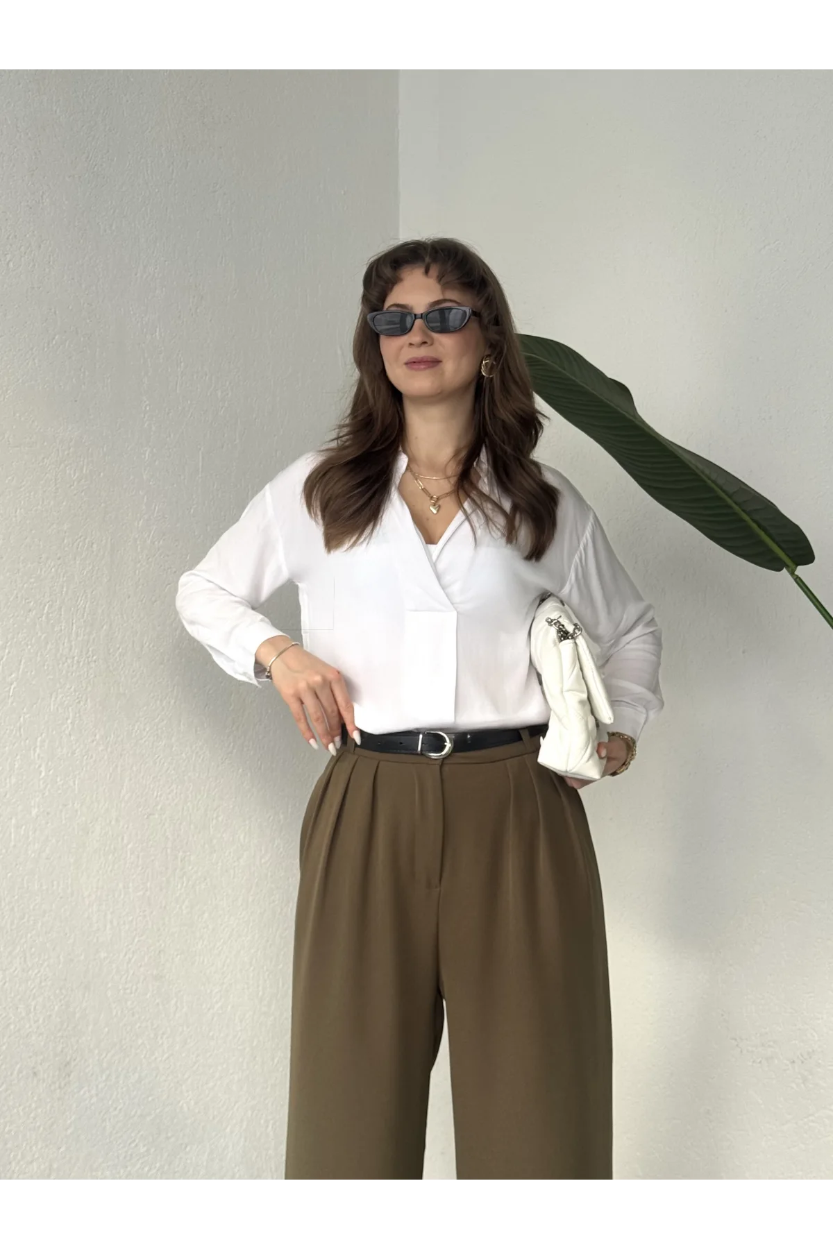 Kadın Haki Pileli Yüksek Bel Bol Paça Ekstra Bol Palazzo Kumaş Pantolon