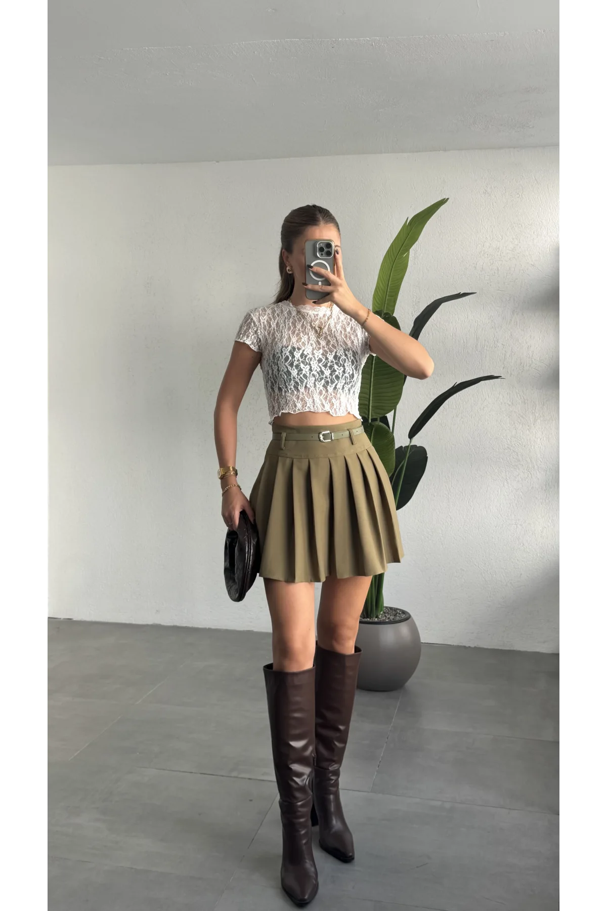 Kadın Haki Astarlı Şortlu Kemerli Pileli Yazlık Kışlık Dört Mevsim Mini Etek