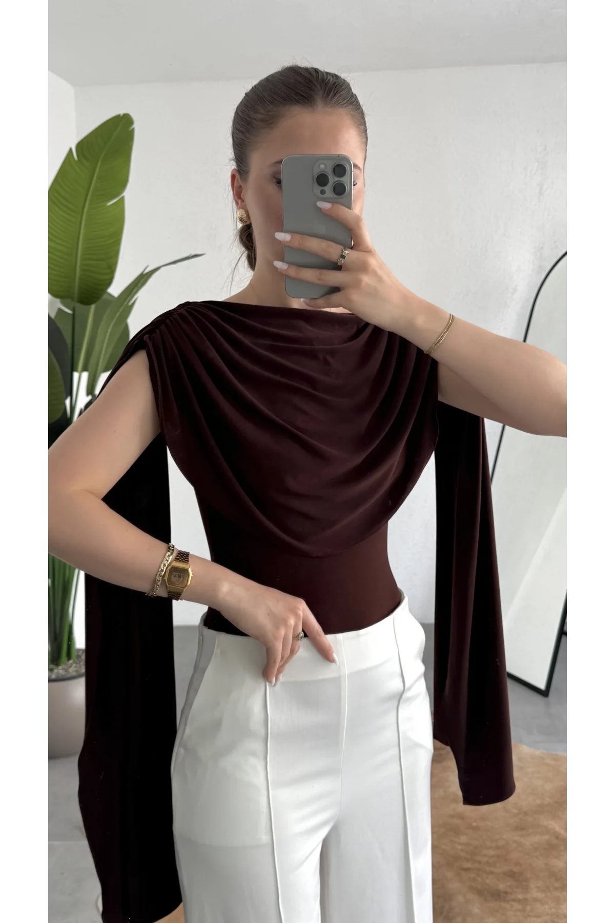 Kadın Kahverengi Degaje Yaka Pelerin Detaylı Drapeli Bluz