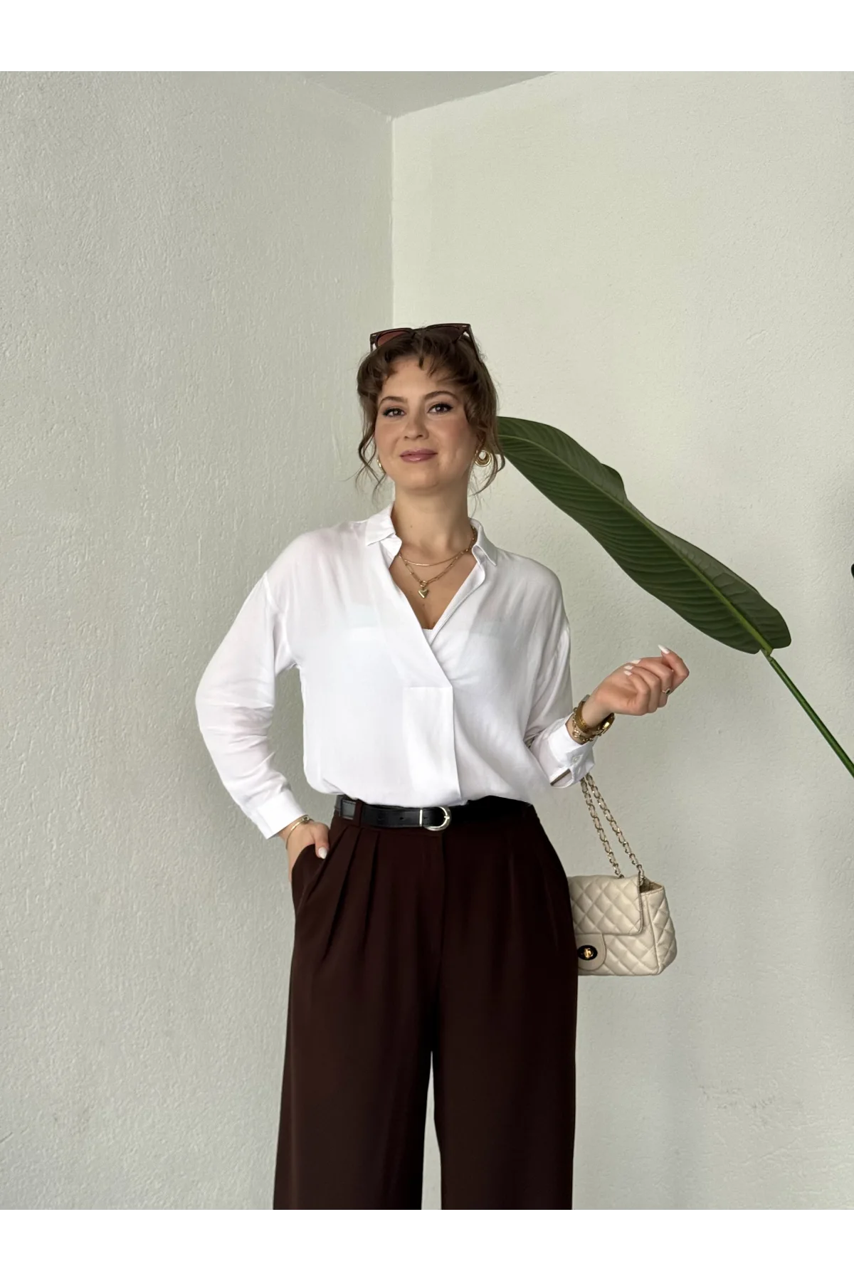 Kadın Kahverengi Pileli Yüksek Bel Bol Paça Ekstra Bol Palazzo Kumaş Pantolon