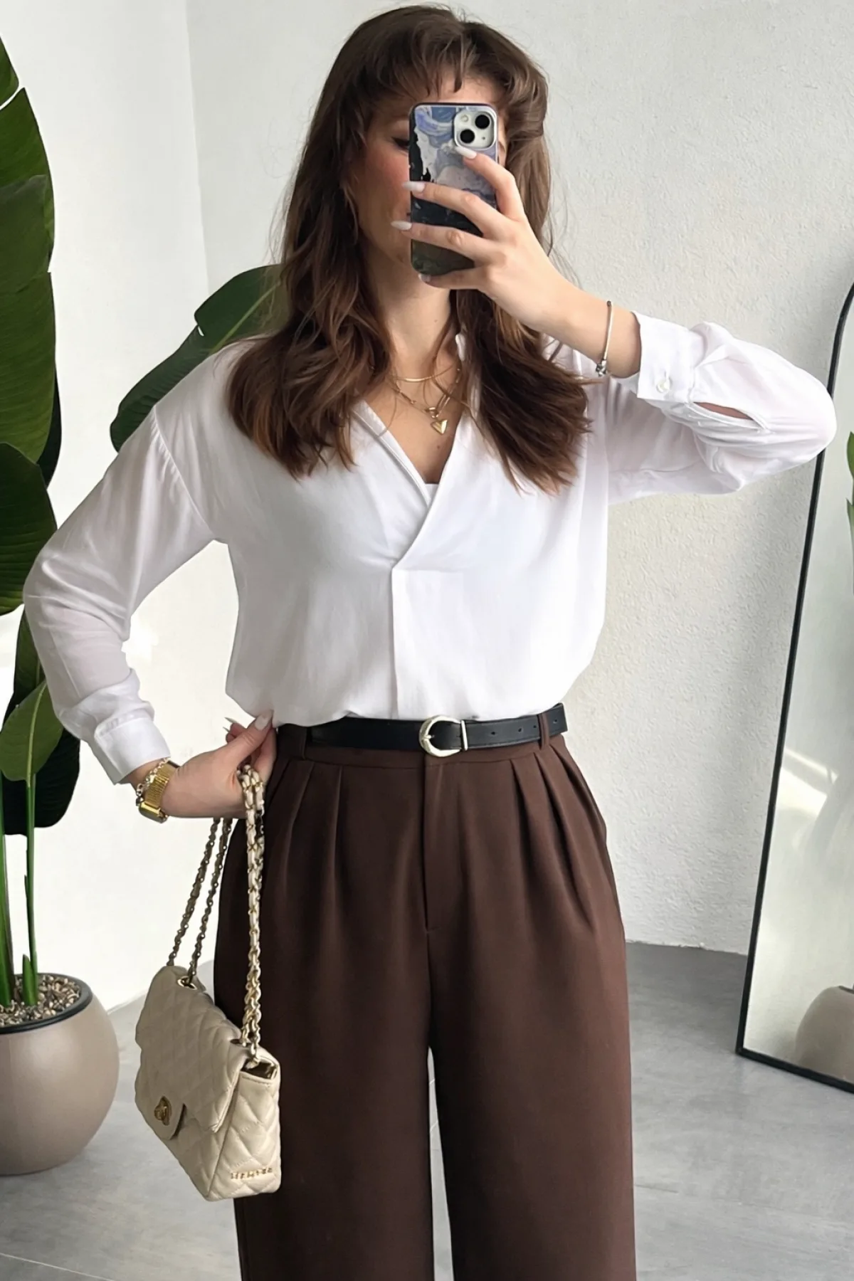 Kadın Kahverengi Pileli Yüksek Bel Bol Paça Ekstra Bol Palazzo Kumaş Pantolon