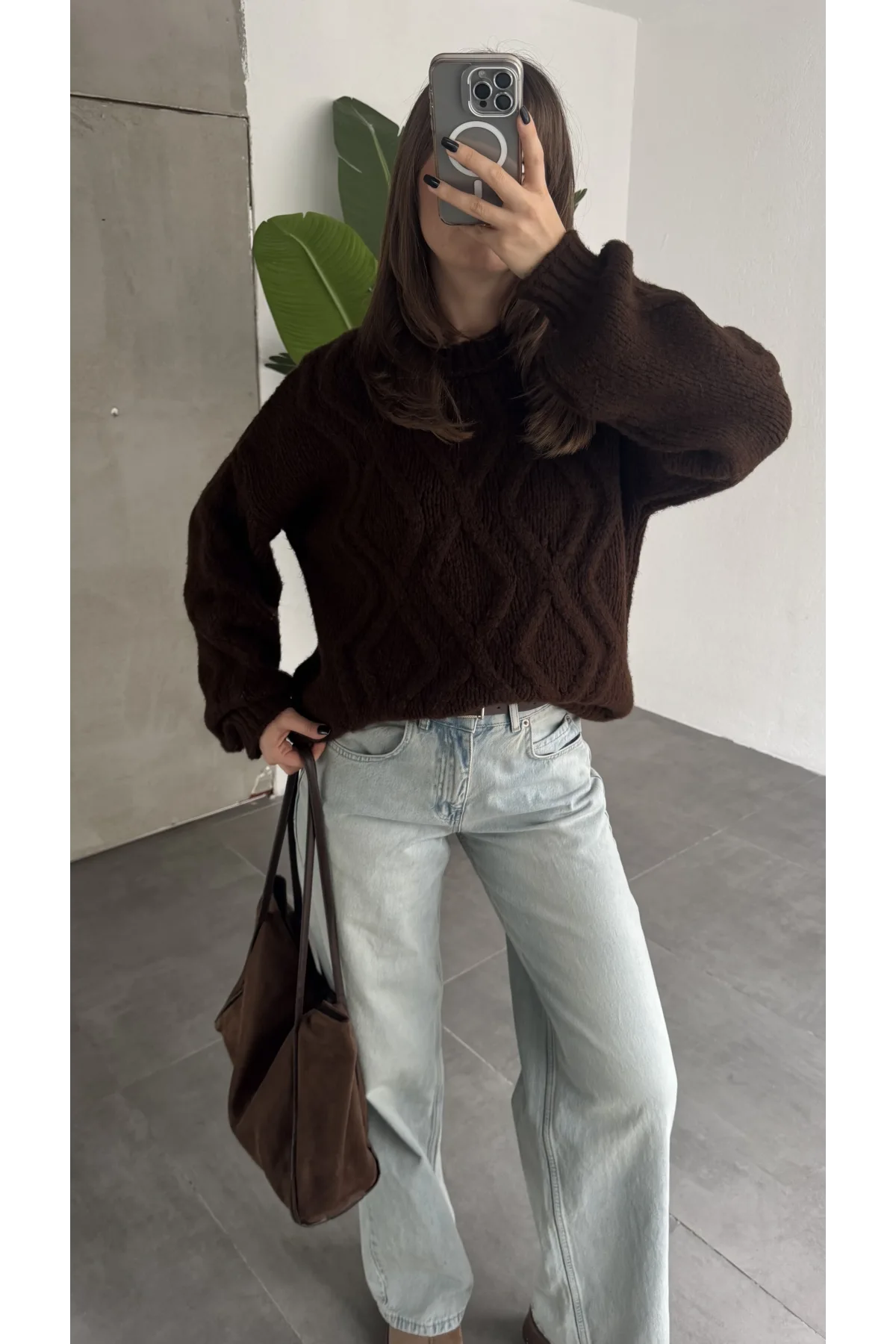 Kadın Kahverengi Saç Örgü Triko Kazak Bisiklet Yaka Kışlık