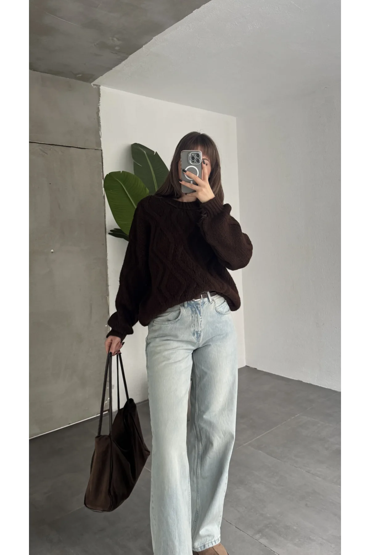 Kadın Kahverengi Saç Örgü Triko Kazak Bisiklet Yaka Kışlık