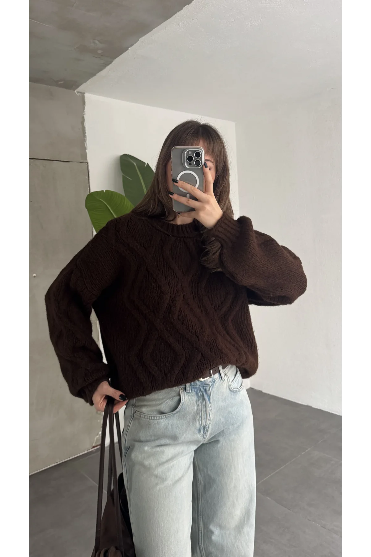 Kadın Kahverengi Saç Örgü Triko Kazak Bisiklet Yaka Kışlık