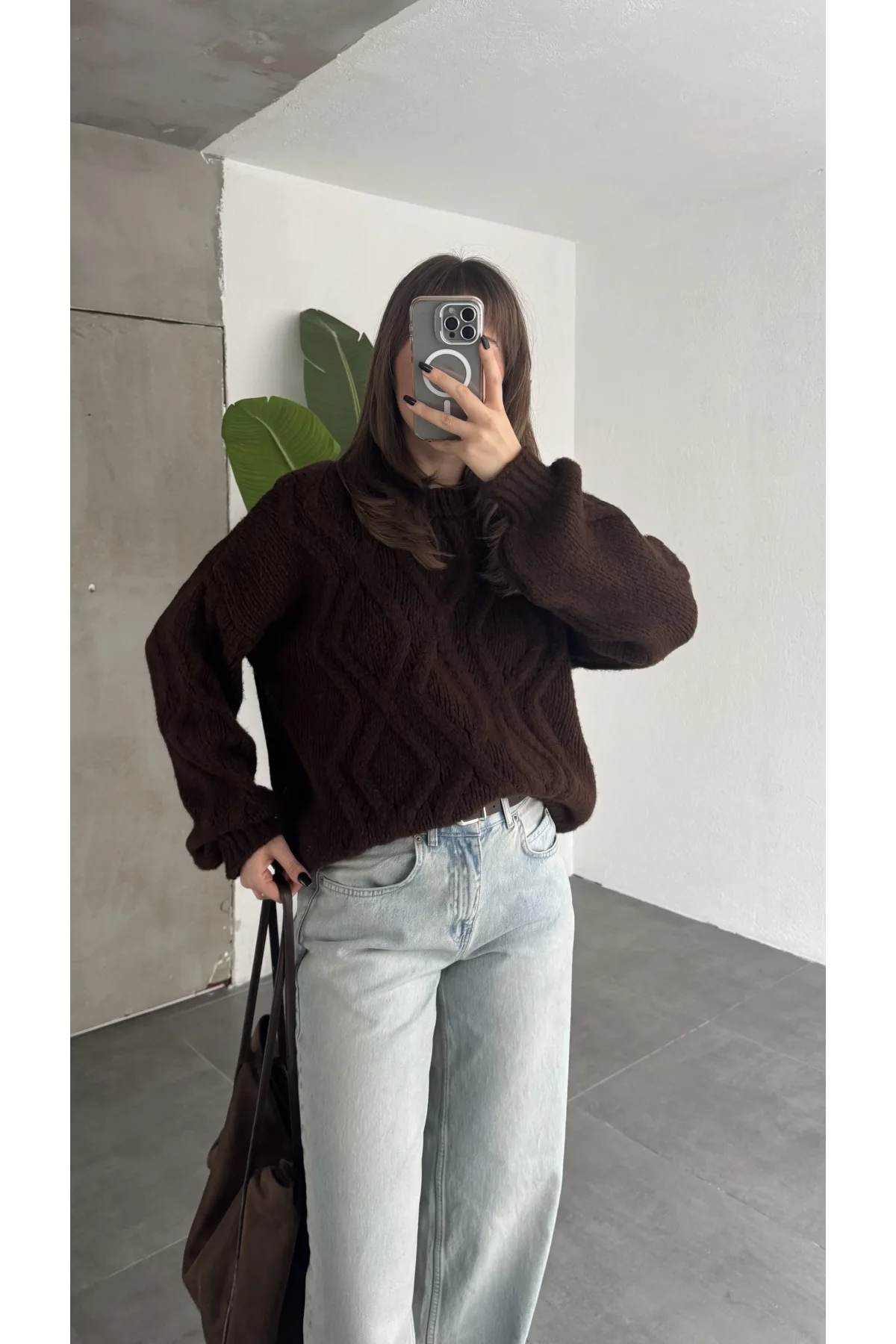 Kadın Kahverengi Saç Örgü Triko Kazak Bisiklet Yaka Kışlık