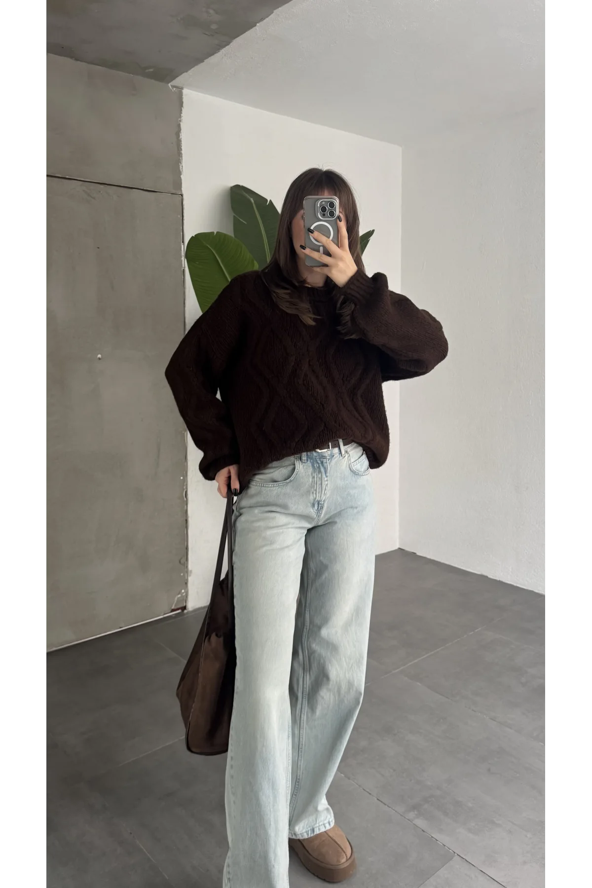 Kadın Kahverengi Saç Örgü Triko Kazak Bisiklet Yaka Kışlık