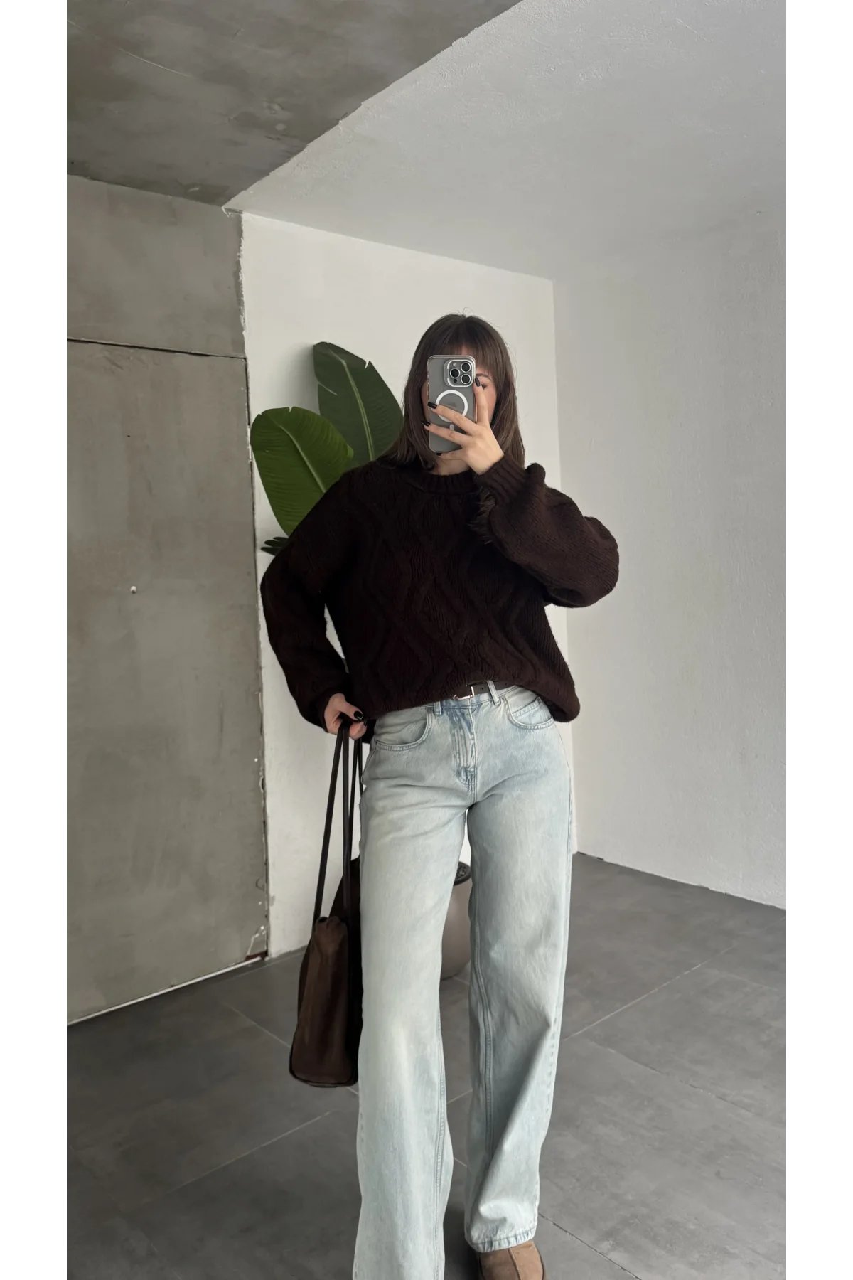 Kadın Kahverengi Saç Örgü Triko Kazak Bisiklet Yaka Kışlık