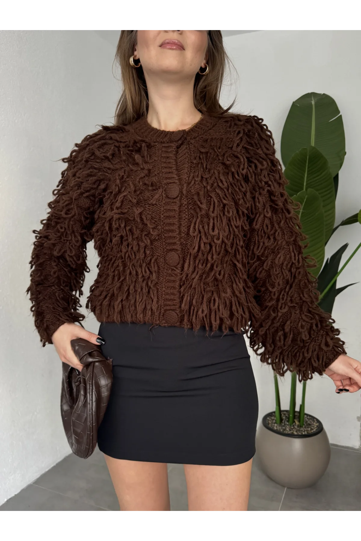 Kadın Kahverengi Saçak Detaylı Triko Hırka Düğmeli