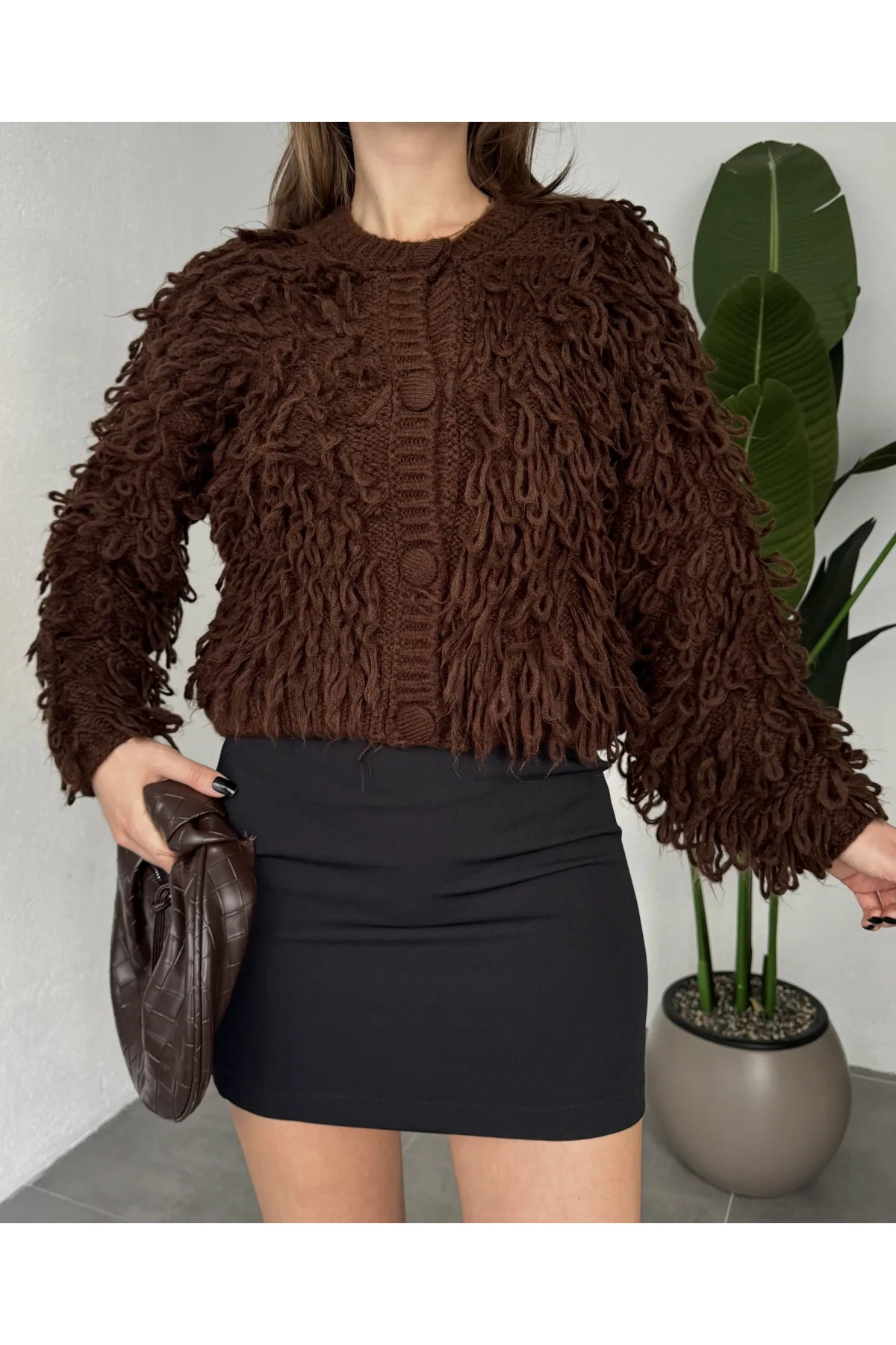 Kadın Kahverengi Saçak Detaylı Triko Hırka Düğmeli