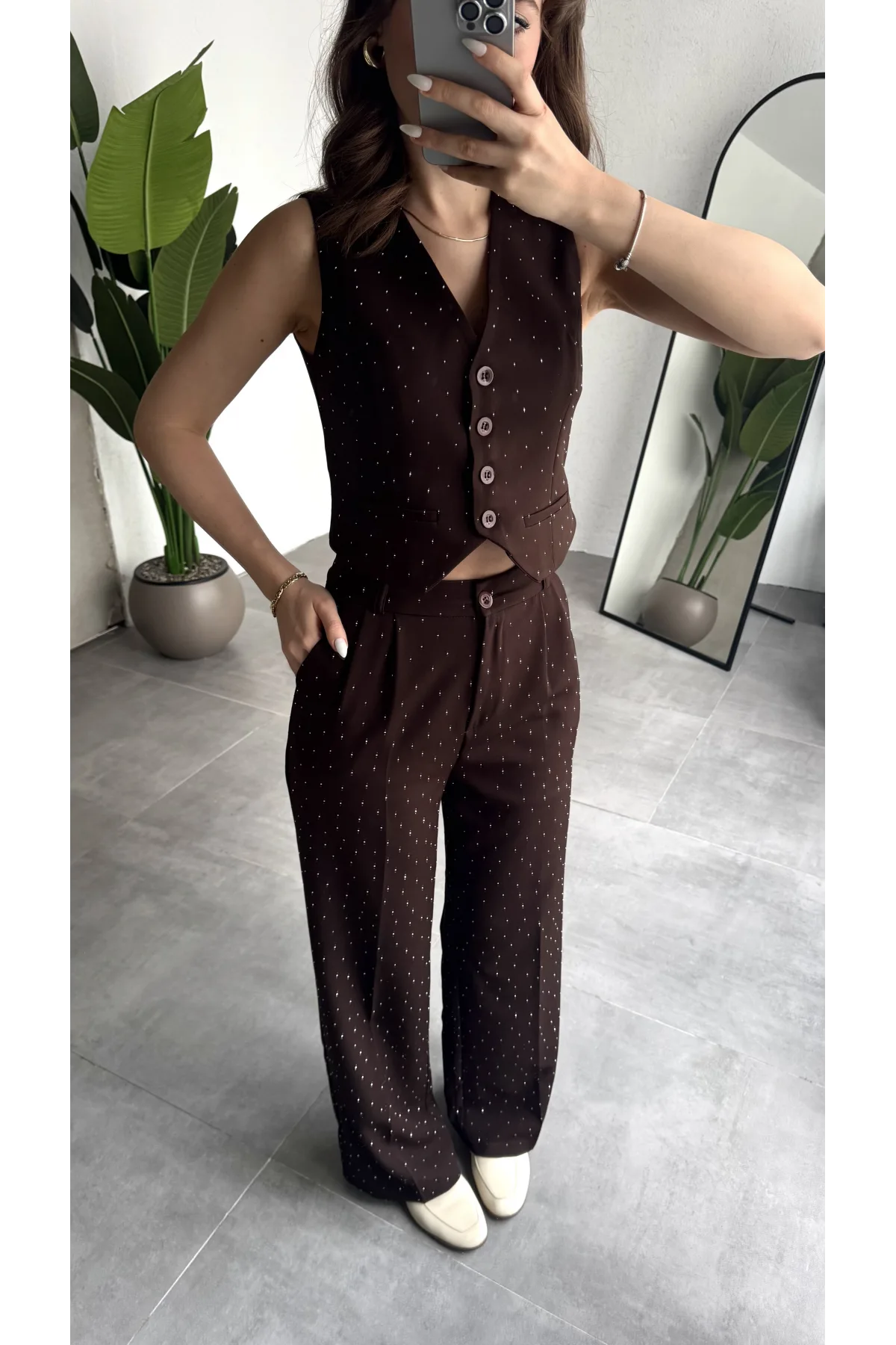 Kadın Kahverengi Taşlı Pırıltılı Yüksek Bel Bol Paça Pileli Palazzo Pantolon