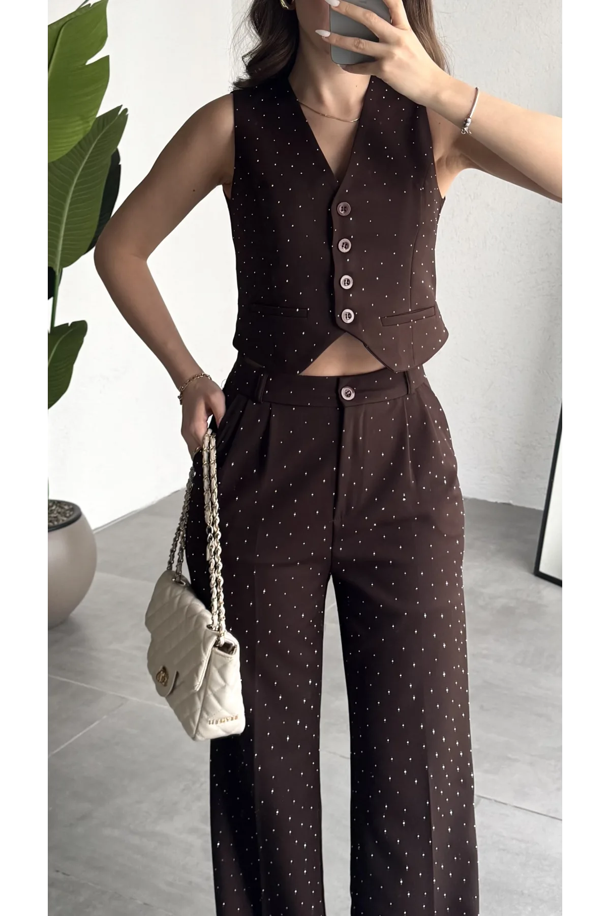 Kadın Kahverengi Taşlı Pırıltılı Yüksek Bel Bol Paça Pileli Palazzo Pantolon