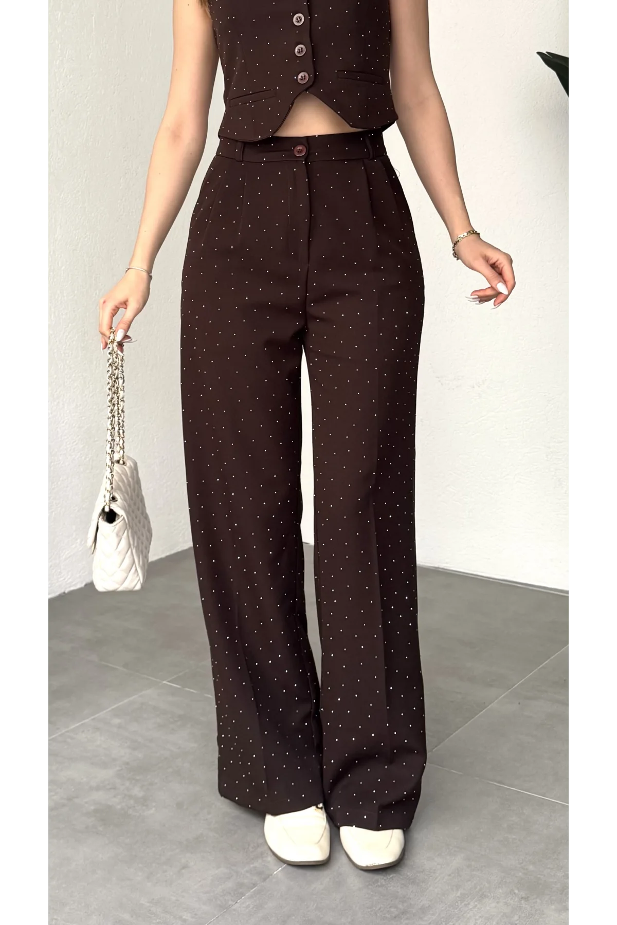 Kadın Kahverengi Taşlı Pırıltılı Yüksek Bel Bol Paça Pileli Palazzo Pantolon