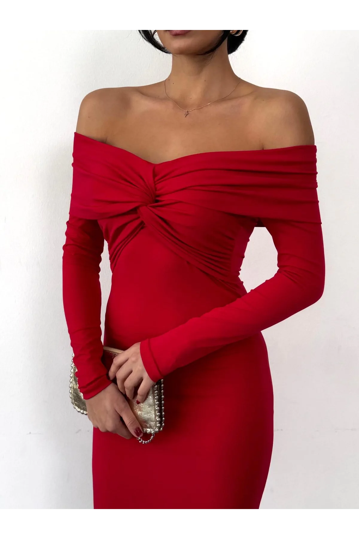 Kadın Kırmızı Madonna Yaka Düğümlü Uzun Kollu Midi Boy Elbise