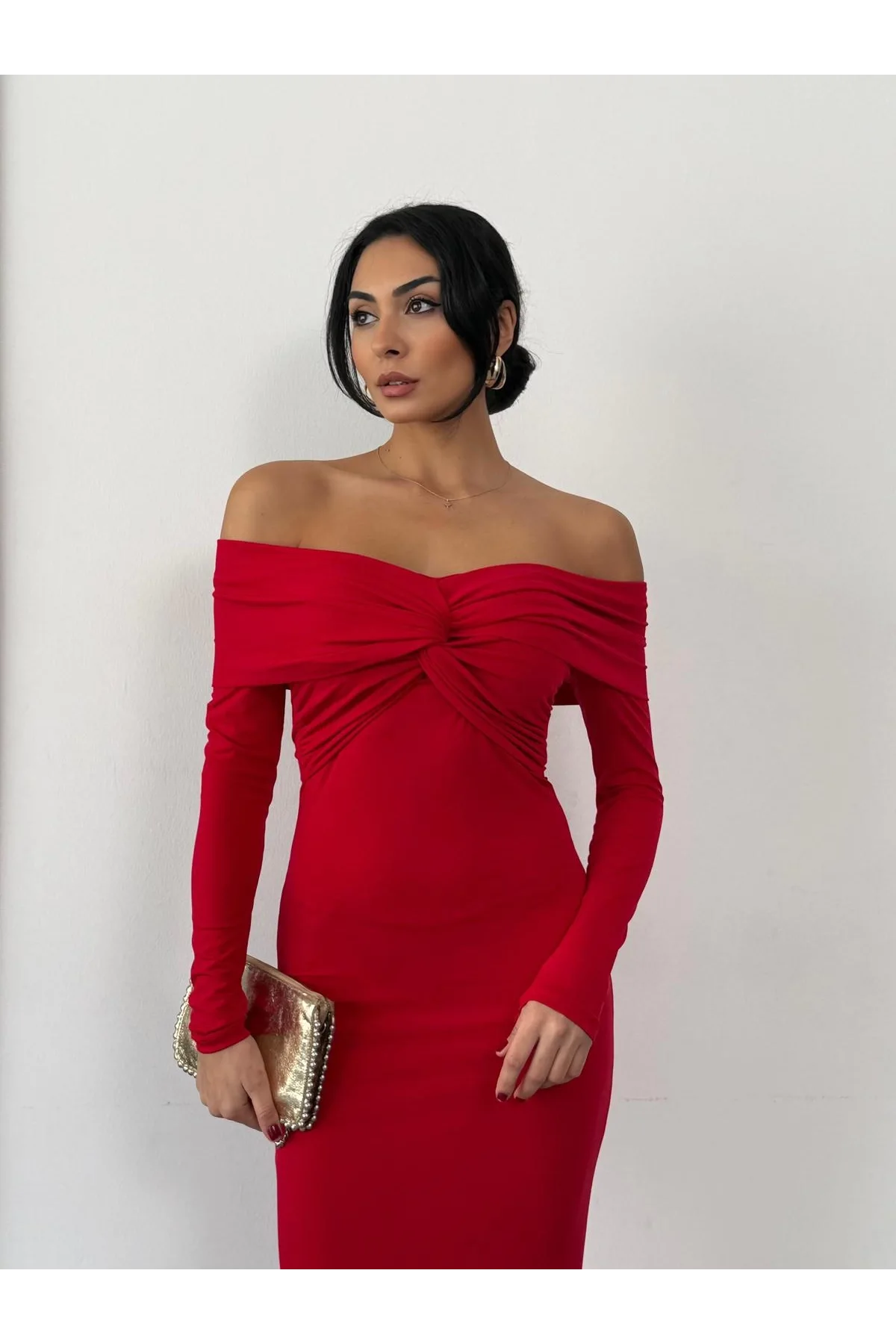 Kadın Kırmızı Madonna Yaka Düğümlü Uzun Kollu Midi Boy Elbise
