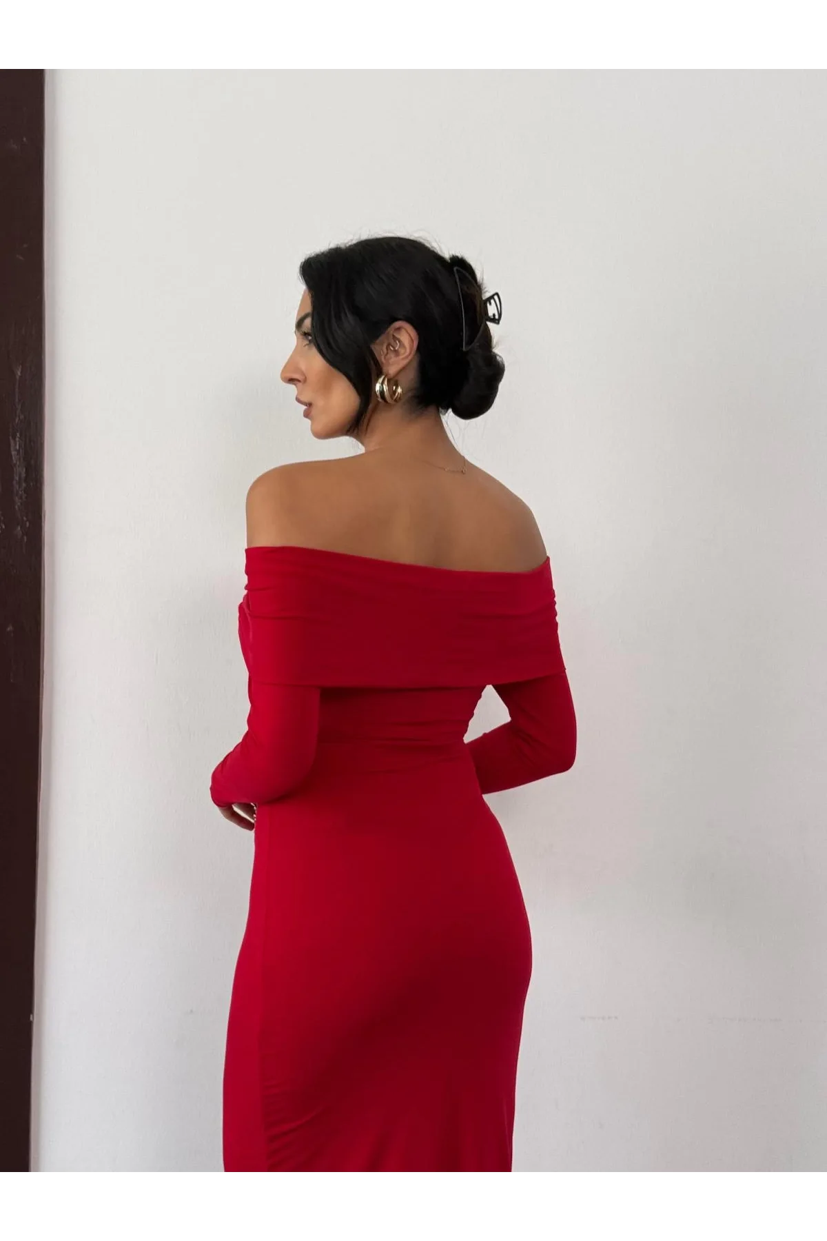 Kadın Kırmızı Madonna Yaka Düğümlü Uzun Kollu Midi Boy Elbise