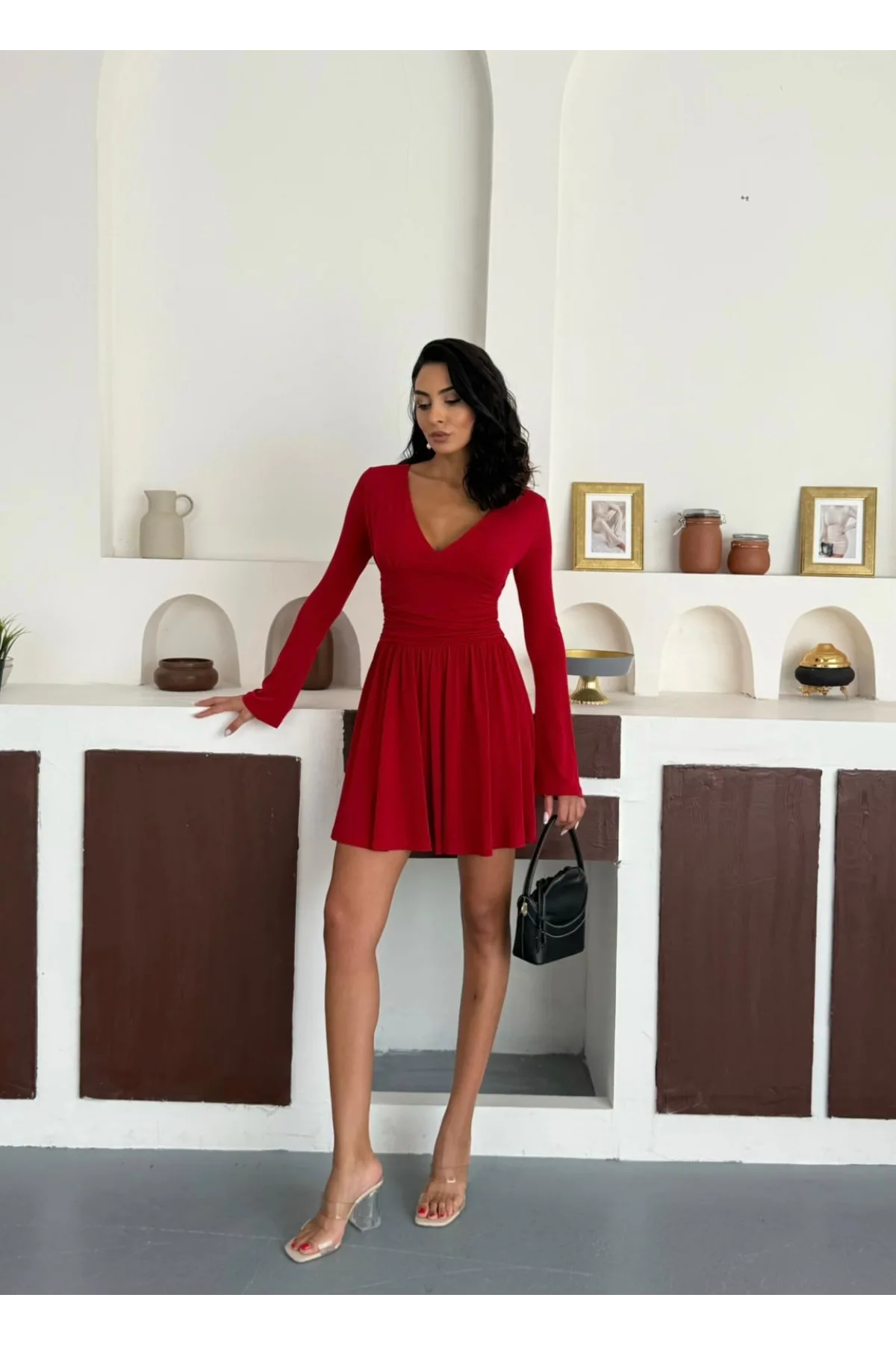 Kadın Kırmızı Şortlu V Yaka Uzun Kollu Elbise