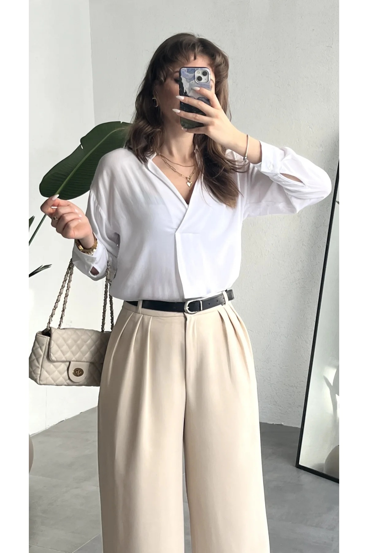 Kadın Krem Pileli Yüksek Bel Bol Paça Ekstra Bol Palazzo Kumaş Pantolon