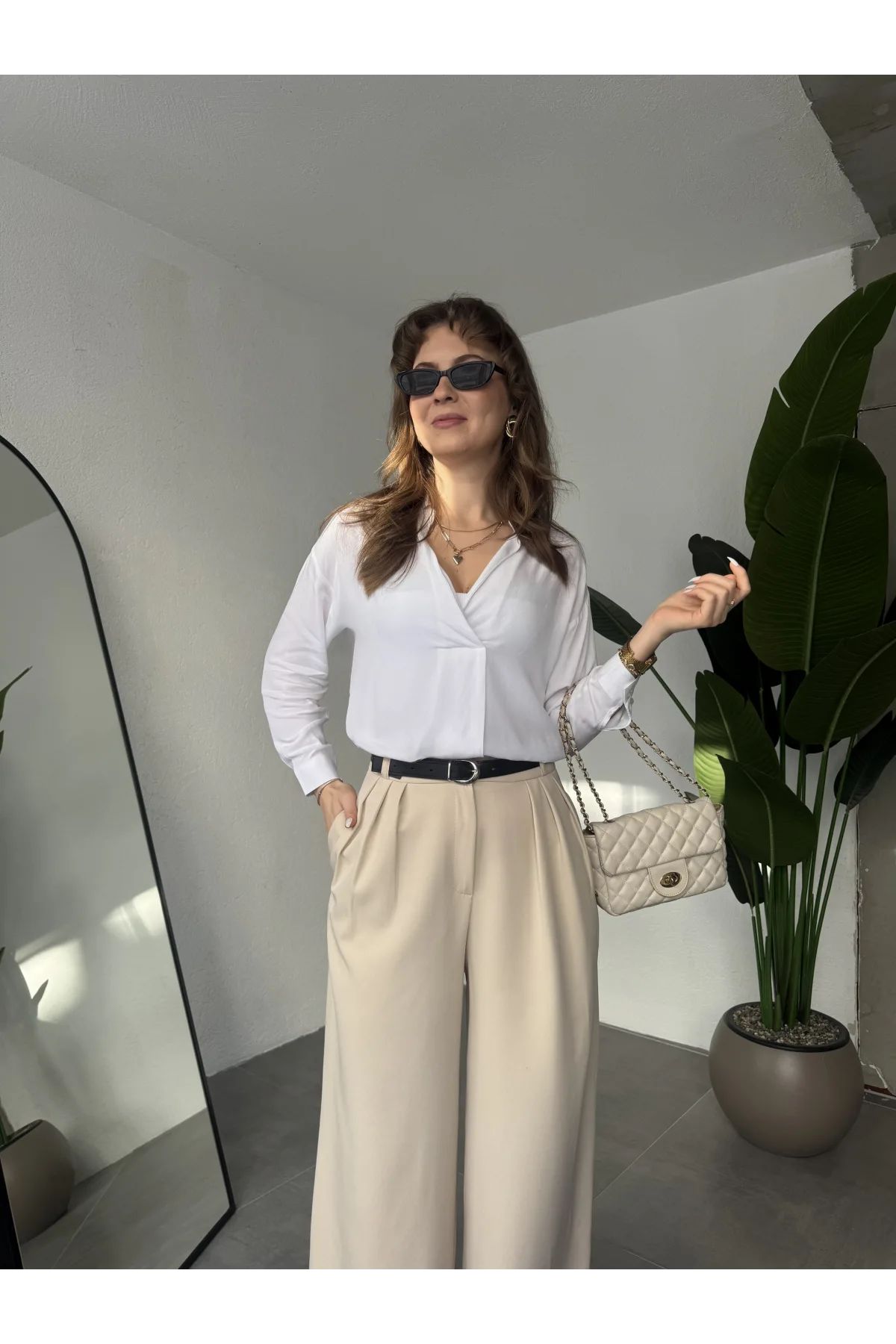 Kadın Krem Pileli Yüksek Bel Bol Paça Ekstra Bol Palazzo Kumaş Pantolon