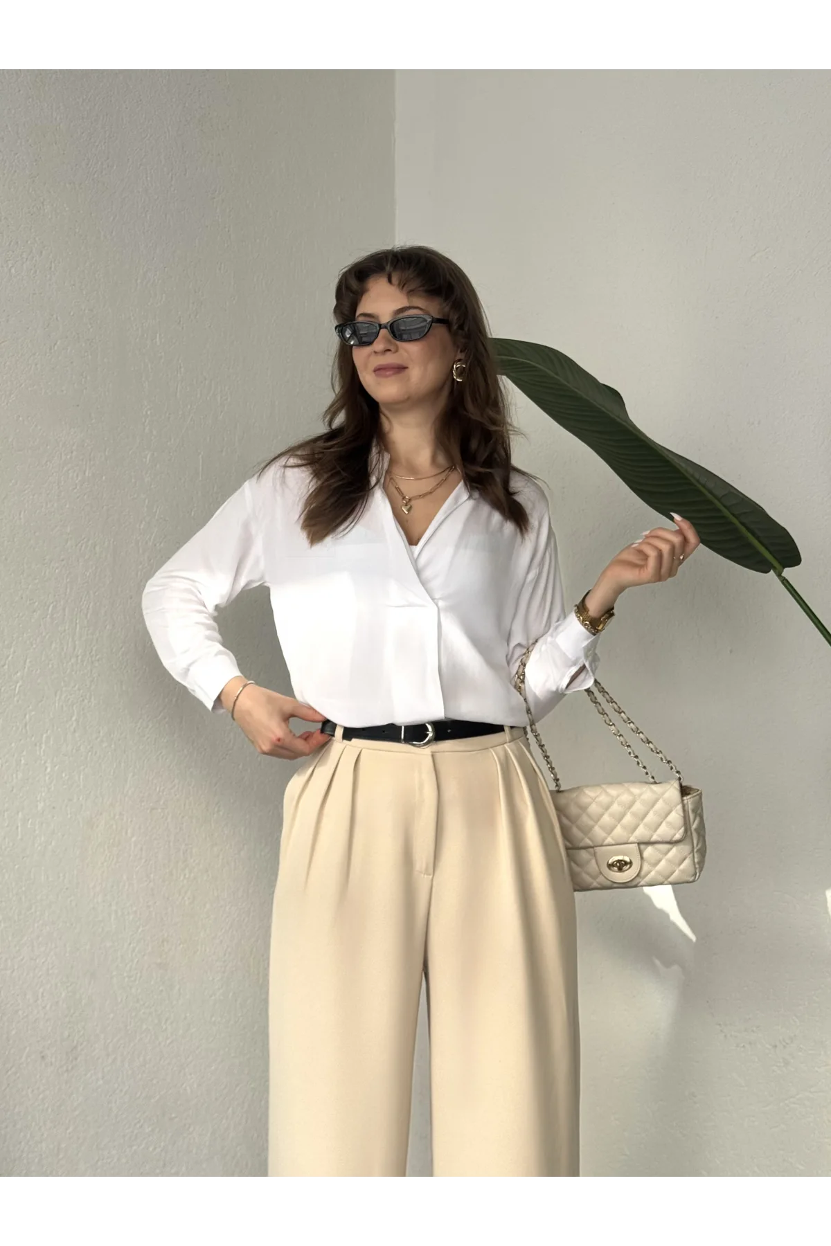 Kadın Krem Pileli Yüksek Bel Bol Paça Ekstra Bol Palazzo Kumaş Pantolon