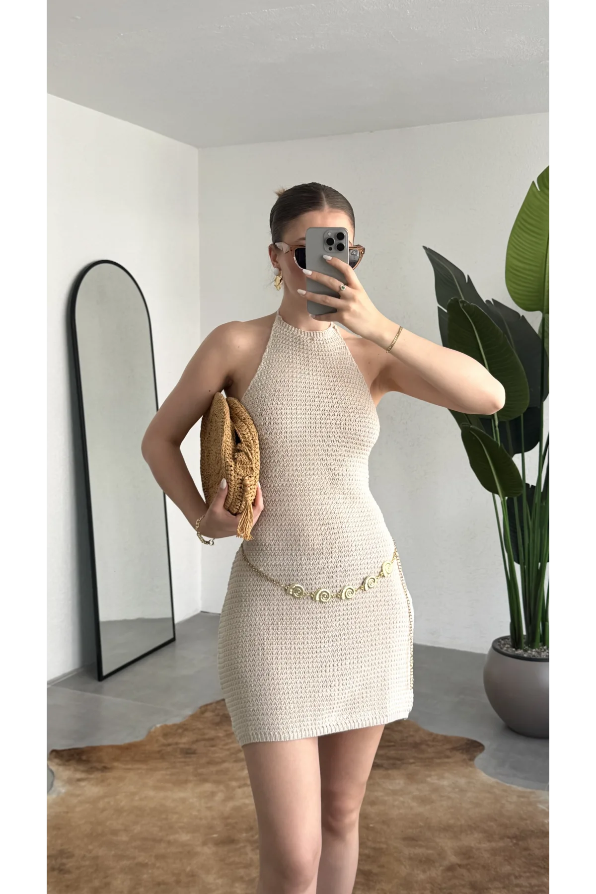 Kadın Krem Sırt Dekolteli Boyundan Bağlamalı Triko Plaj Elbisesi Pareo Elbise Yazlık Beachwear