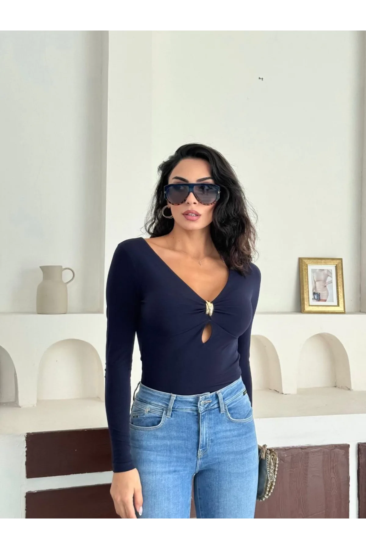 Lacivert Damla Yaka Aksesuarlı Sandy Bluz