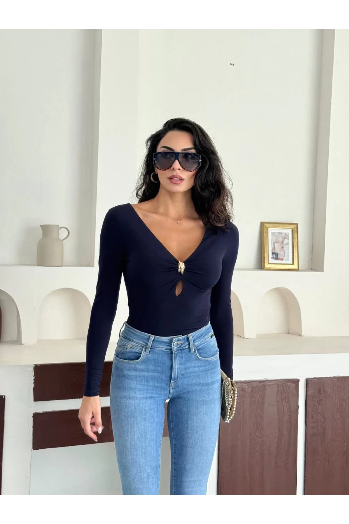 Lacivert Damla Yaka Aksesuarlı Sandy Bluz