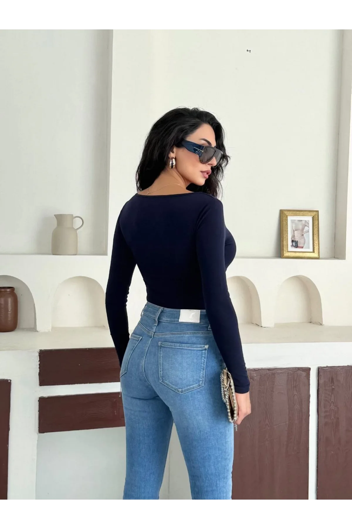 Lacivert Damla Yaka Aksesuarlı Sandy Bluz