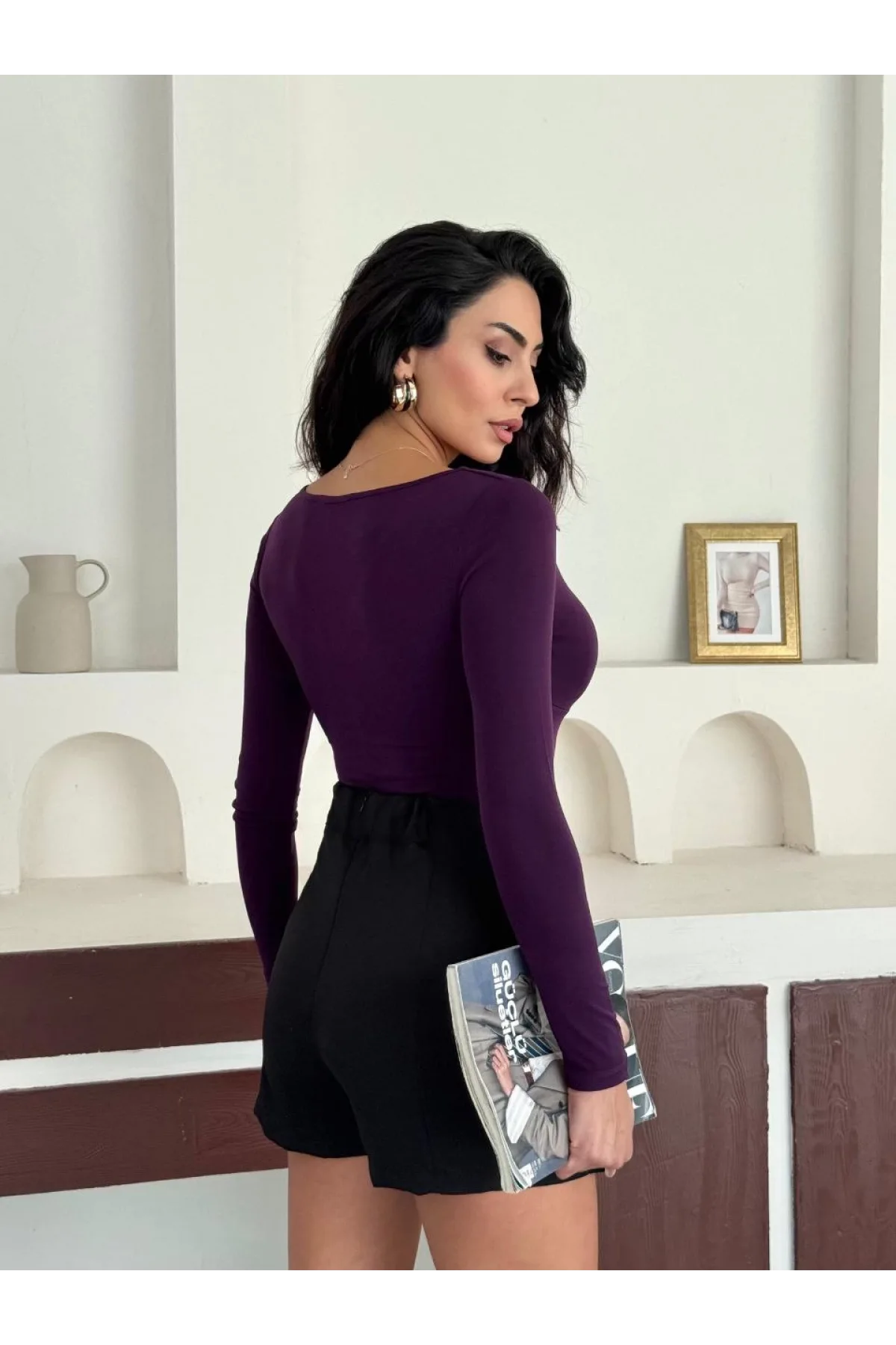 Mor Damla Yaka Aksesuarlı Sandy Bluz
