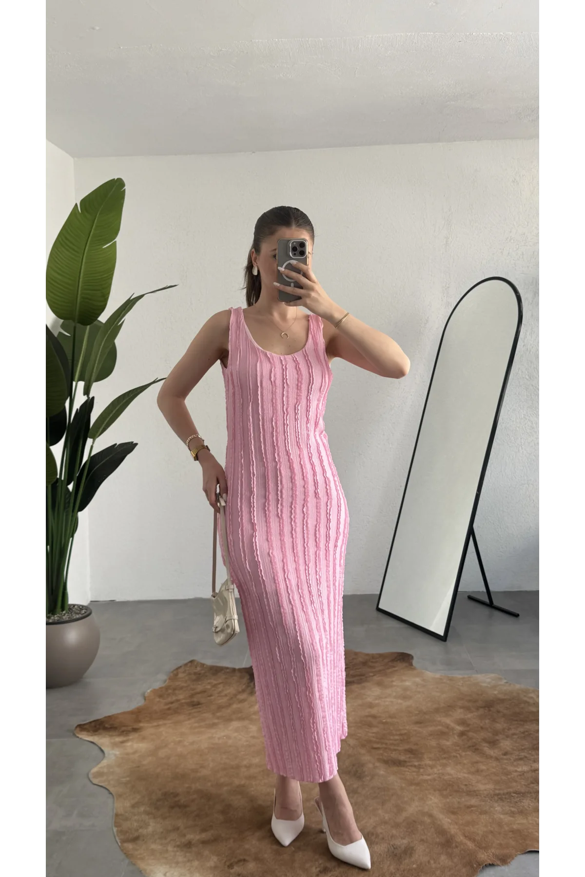 Kadın Pembe Fitilli Dokulu Jakarlı Astarlı Maxi Elbise Kolsuz Vücuda Oturan Yazlık Elbise