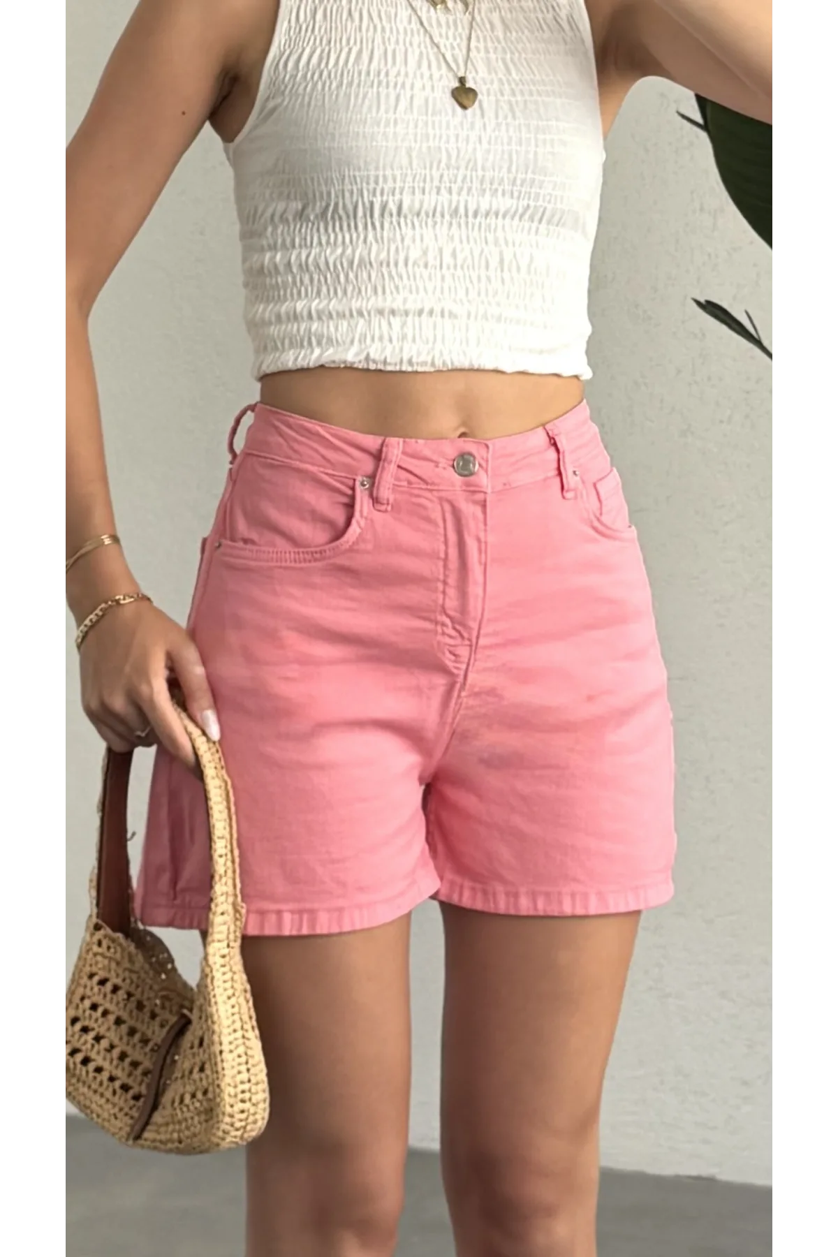 Kadın Pembe Yüksek Bel Jean Likralı Esnek Şort – Basic Denim Şort Günlük Rahat Kalıp Yazlık Kot Şort