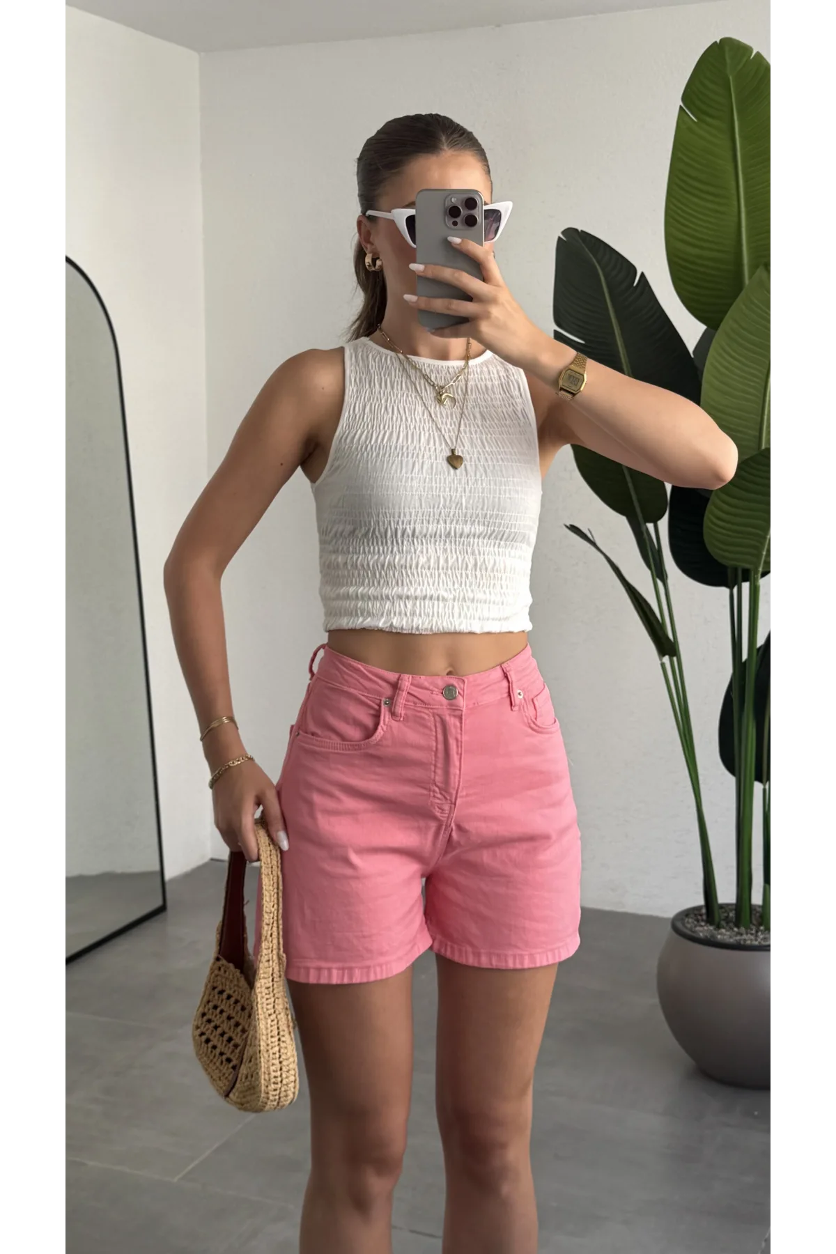 Kadın Pembe Yüksek Bel Jean Likralı Esnek Şort – Basic Denim Şort Günlük Rahat Kalıp Yazlık Kot Şort