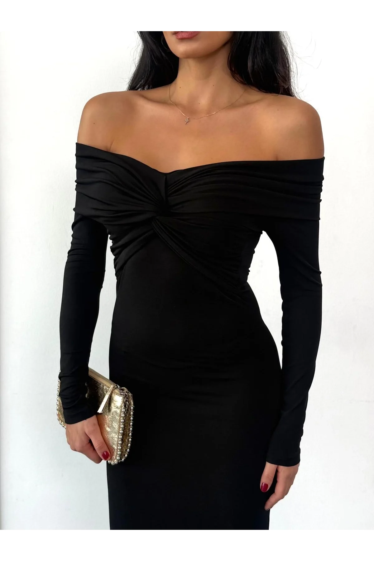 Kadın Siyah Madonna Yaka Düğümlü Uzun Kollu Midi Boy Elbise