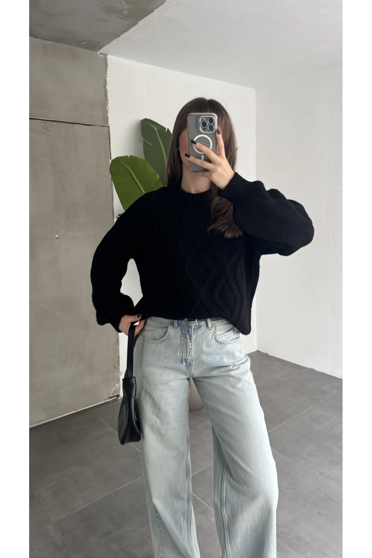 Kadın Siyah Saç Örgü Triko Kazak Bisiklet Yaka Kışlık