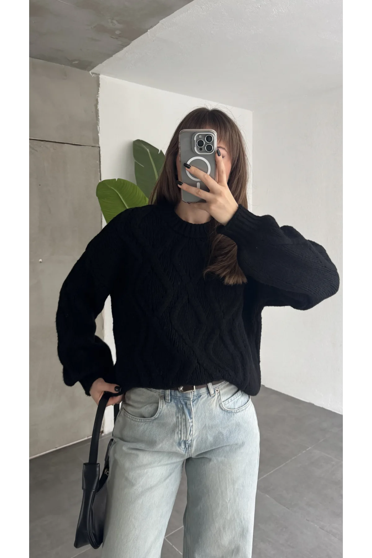 Kadın Siyah Saç Örgü Triko Kazak Bisiklet Yaka Kışlık