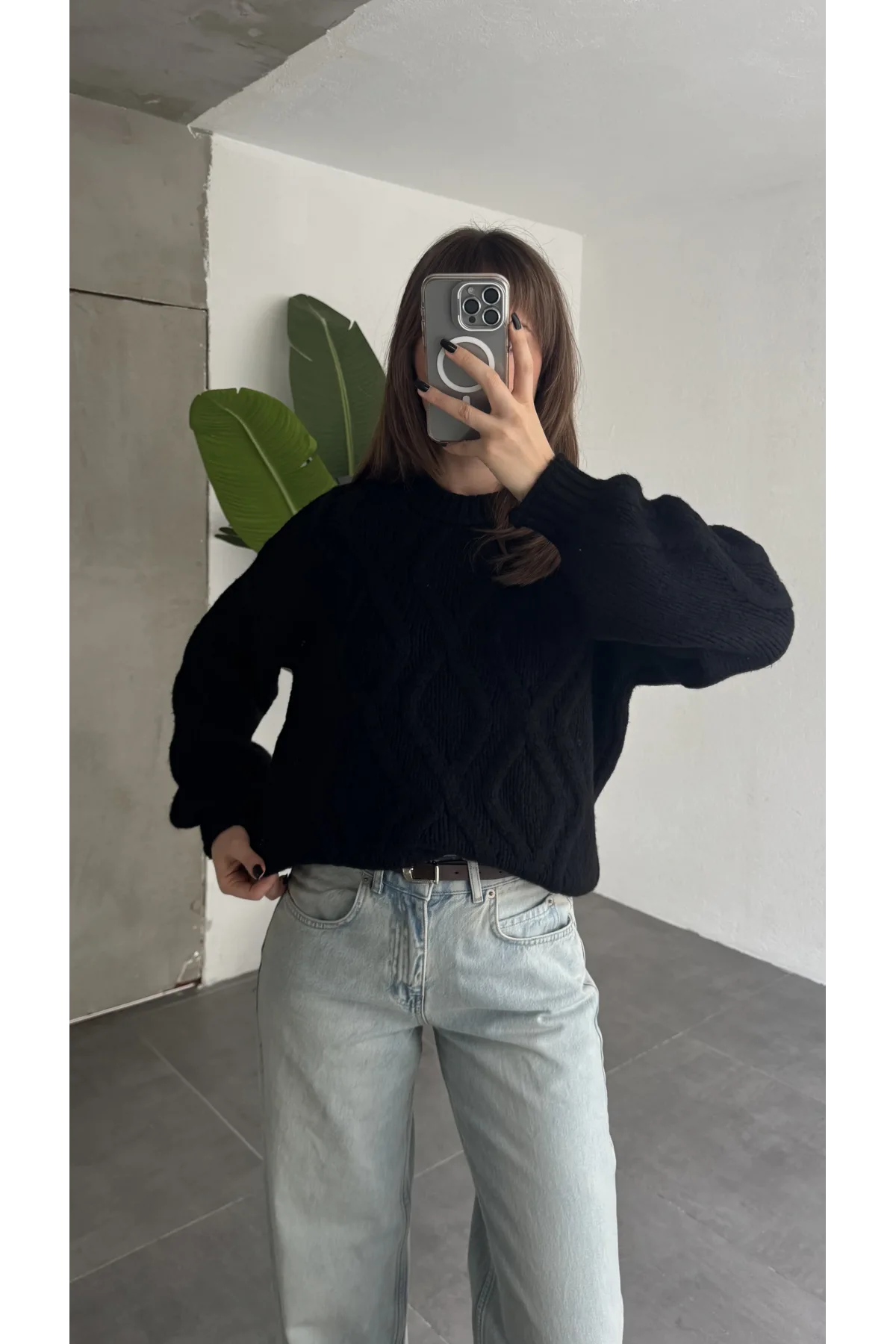 Kadın Siyah Saç Örgü Triko Kazak Bisiklet Yaka Kışlık